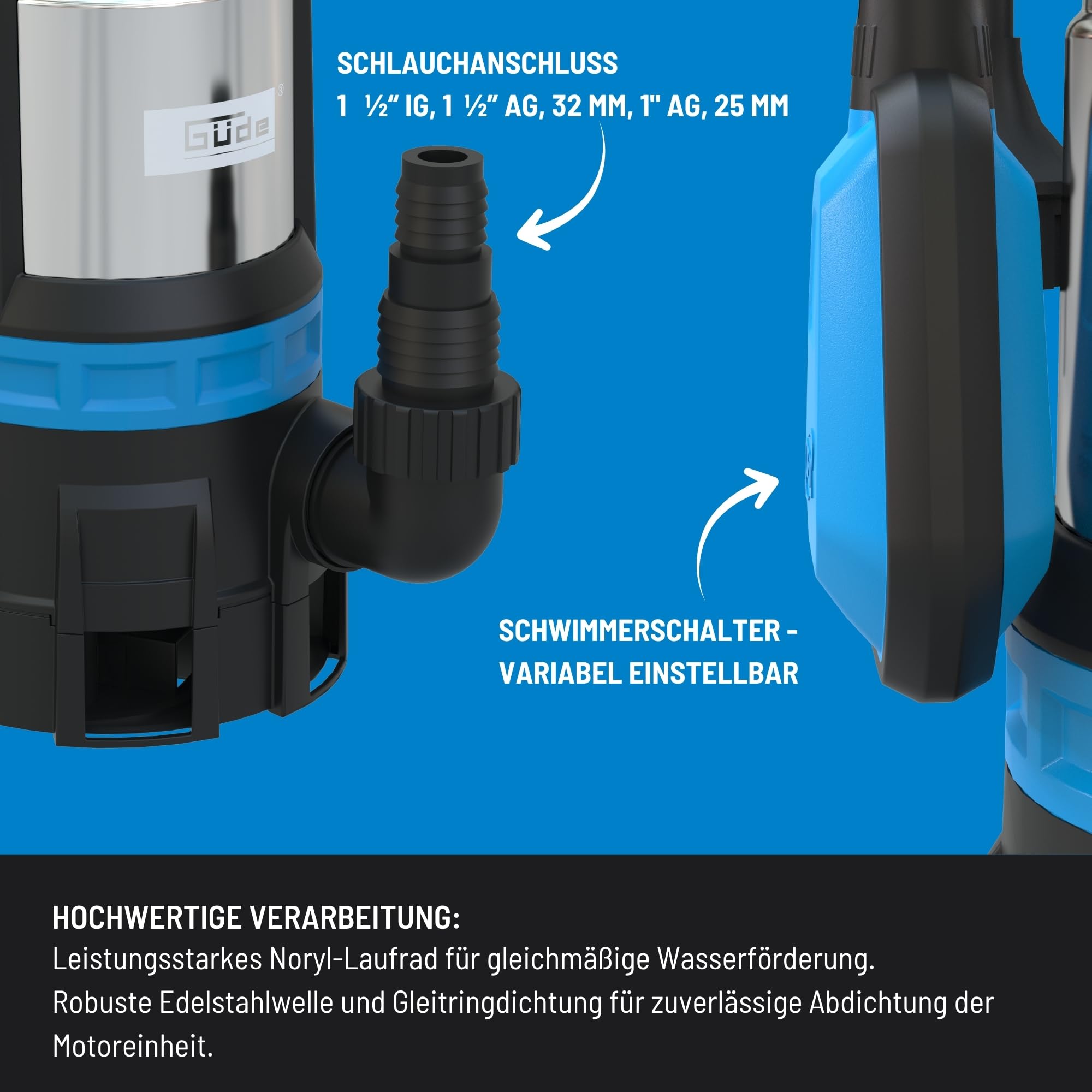 Güde 94600 Kombitauchpumpe GS 750.1 2in1 (750 W, 16.500l/h, max. Förderhöhe 9 m, max. Eintauchtiefe 7 m), Blau, Schwarz