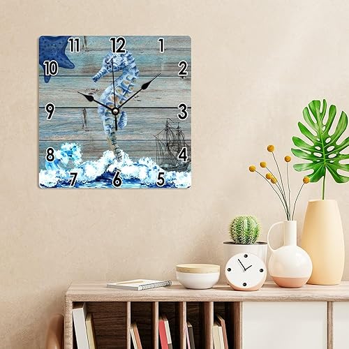 Miniatura 4 de Reloj náutico antiguo con estrellas de mar costeras para pared, acuarela, olas de mar, veleros, veleros, relojes de pared de PVC, con temática