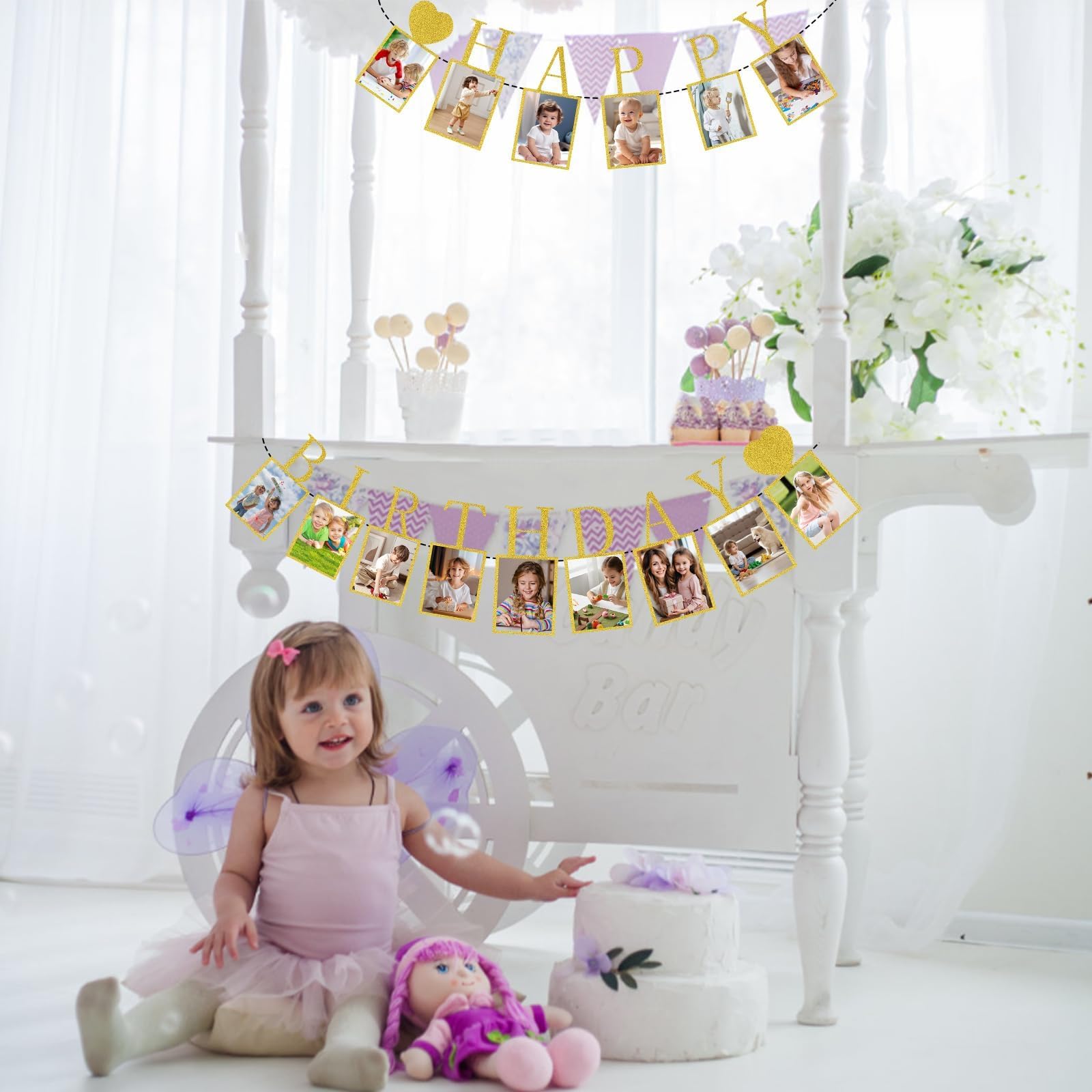 NISENTIA Happy Birthday girlanda ze zdjęciami, girlanda urodzinowa, baner milowy dla dziecka, wisząca dekoracja ścienna na imprezę, dla dziewczynki/chłopców