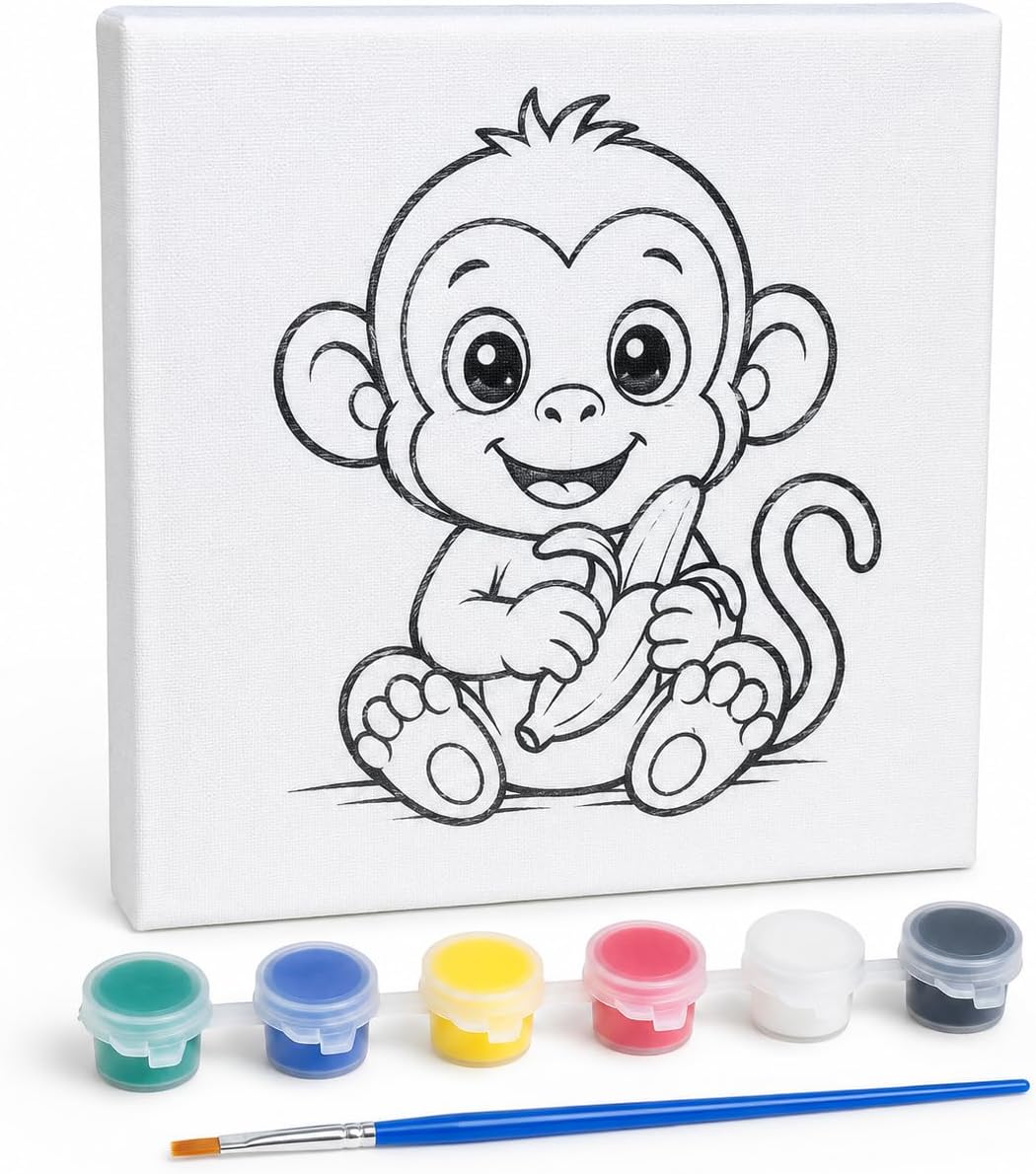 SOGUD Boyama Tuval Seti - 20x20 cm Çerçevesiz Hazır Desenli Tuval - 6 Renk Boya ve Fırça Dahil - Çocuklar İçin Kolay Boyanabilir Hobi, Sanat ve Aktivite Seti - Sürpriz Model