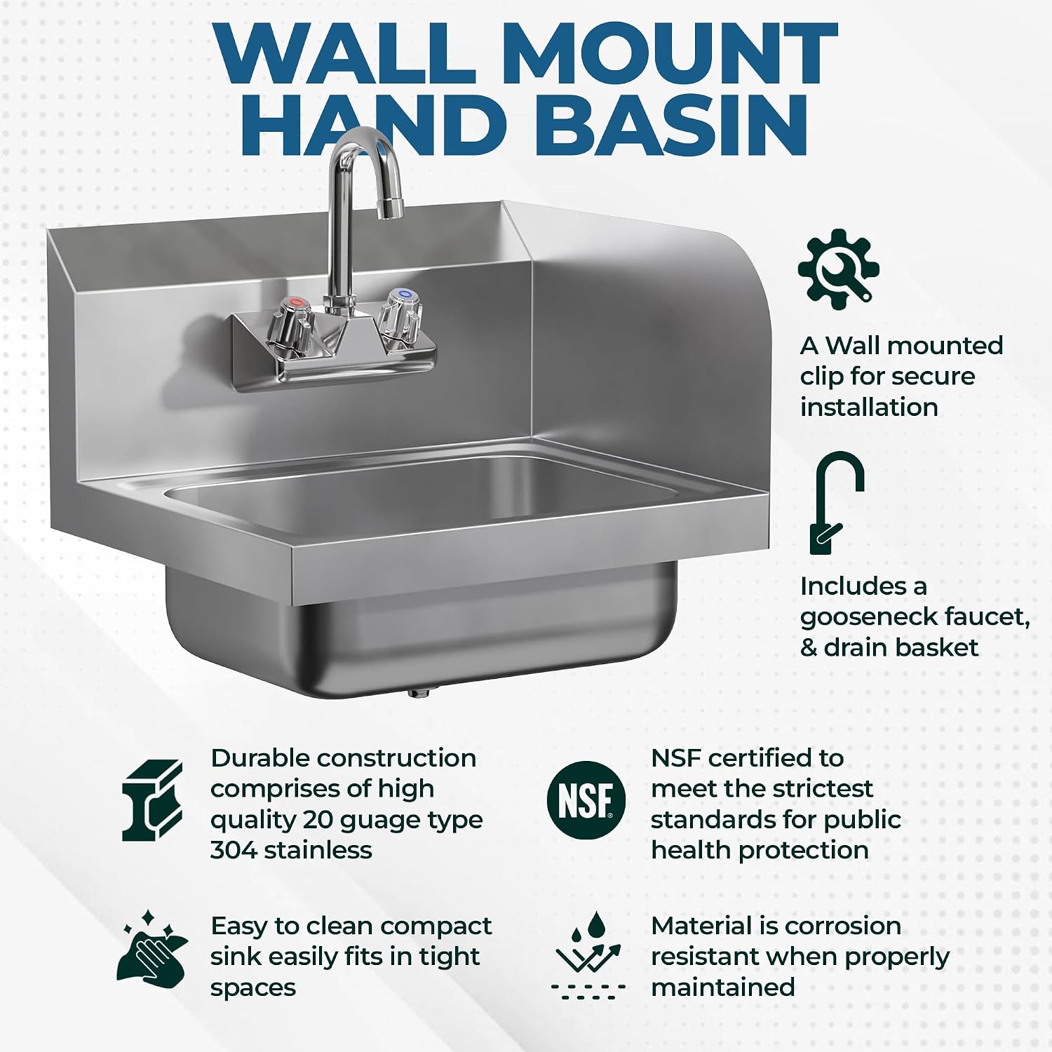 Stainless Steel Hand Sink with Right Side Splash Guard 15” x 17” | Commercial Wall Mount Hand Basin with Gooseneck Faucet, Strainer, Back Splash | NSF (Left Side Splash Guard)