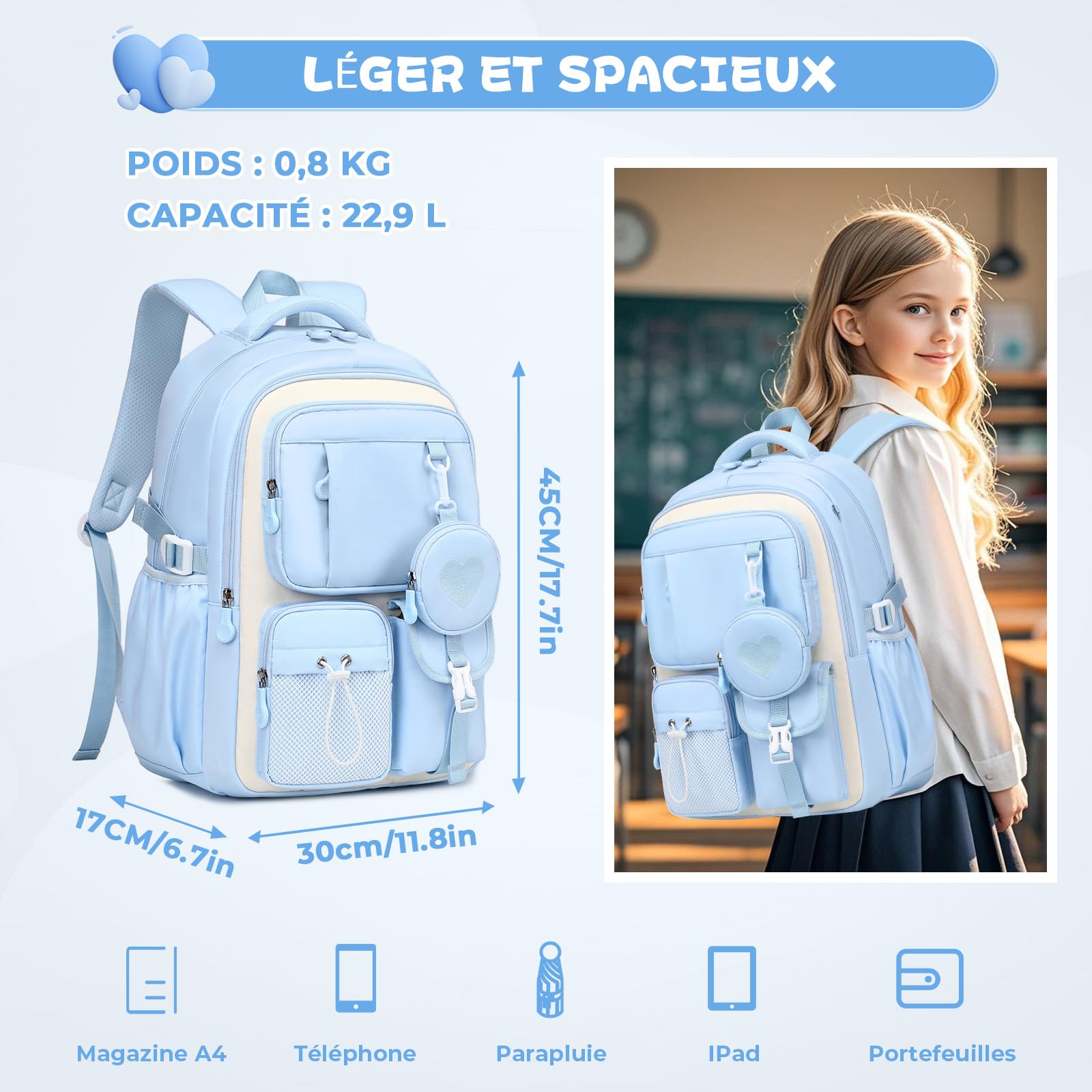 Sisipoet Cartable Fille Primaire, Sac à dos Enfant Respirant avec Bandes Réfléchissantes, Sac d'école Ergonomique Portefeuille Amovible, Sac à dos Adolescent Fille Léger pour École et Voyage - 3