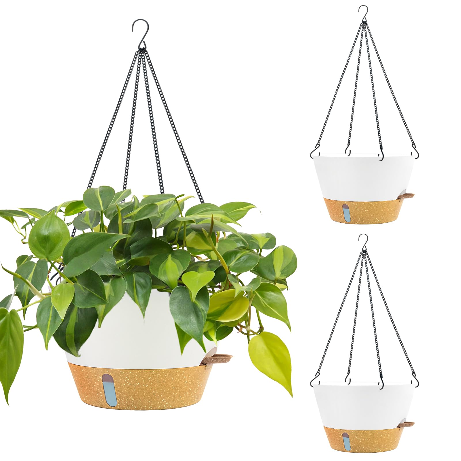 ZMTECH Lot de 3 grands pots de fleurs suspendus de 30,5 cm pour intérieur avec niveau d'eau visible et chaîne, pot de fleurs à suspendre à auto-arrosage pour extérieur, jardin, porche (30,5 cm, blanc)