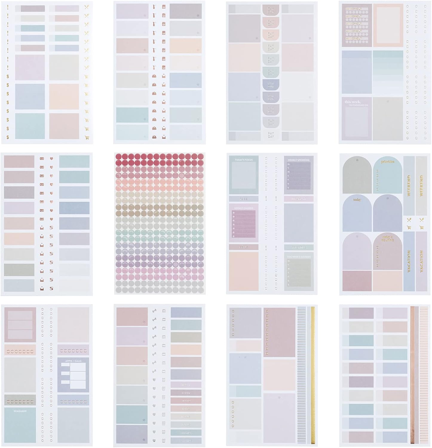 Pastel Functional Planner Sticker Book - Pastel. Over 600 Functional and Elegant Stickers for Customizing Planners, Notebooks and More. Includes 12 Mixed Metallic Sticker Sheets by Erin Condren.