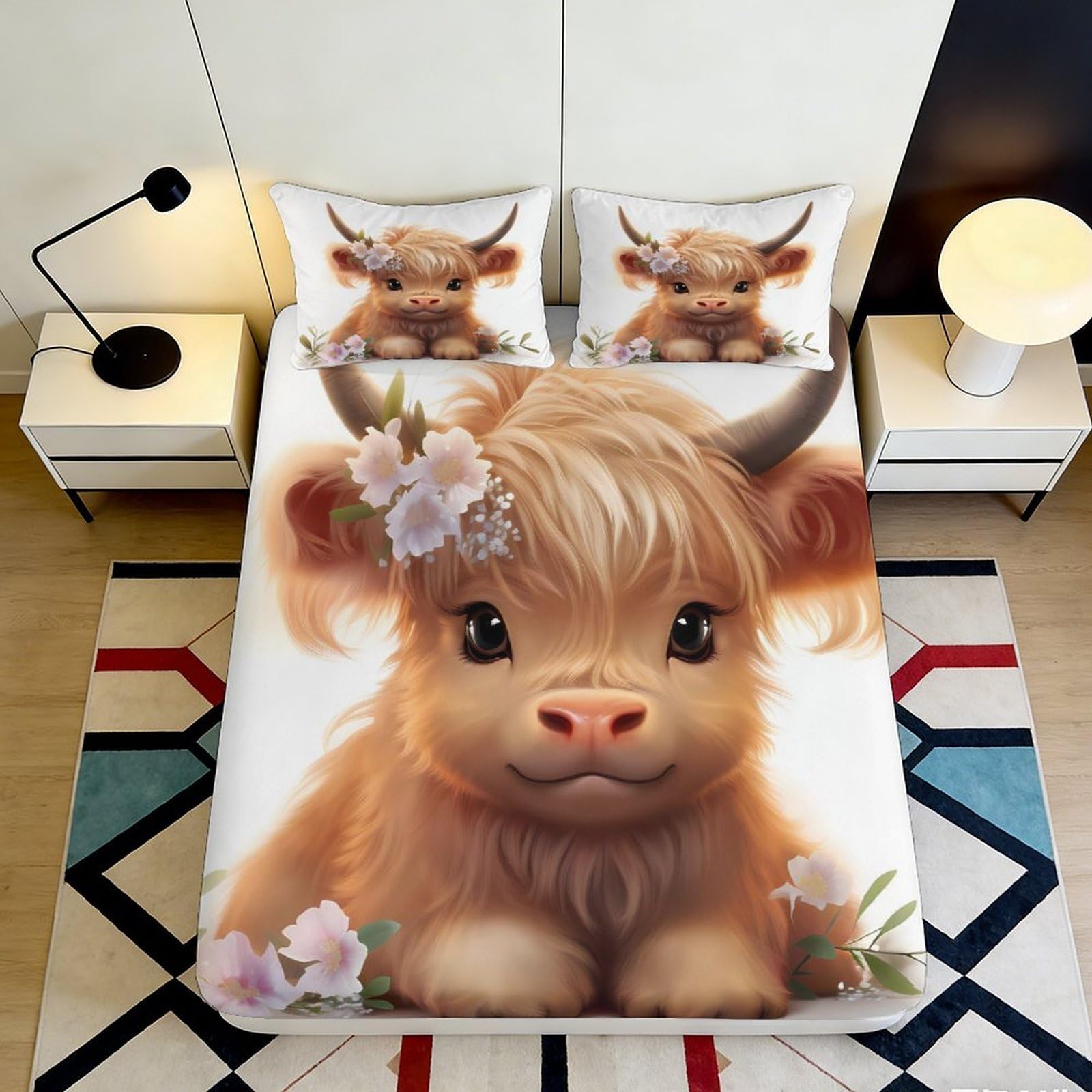 3D Printed Highland Cow Fitted Sheet Microfiber Soft Cartoon Calf Bed Cover for Bedroom Dorm Decor Protection 90x200x25cm