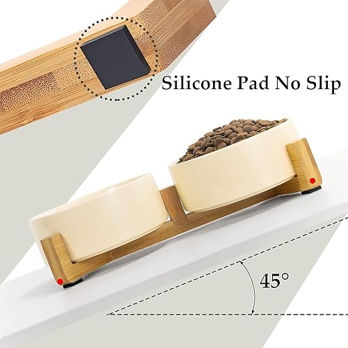 Miniatura 4 de SPUNKYJUNKY Juego de cuencos de cerámica para perros y gatos con soporte de madera, moderno y bonito juego de agua para alimentos con peso para