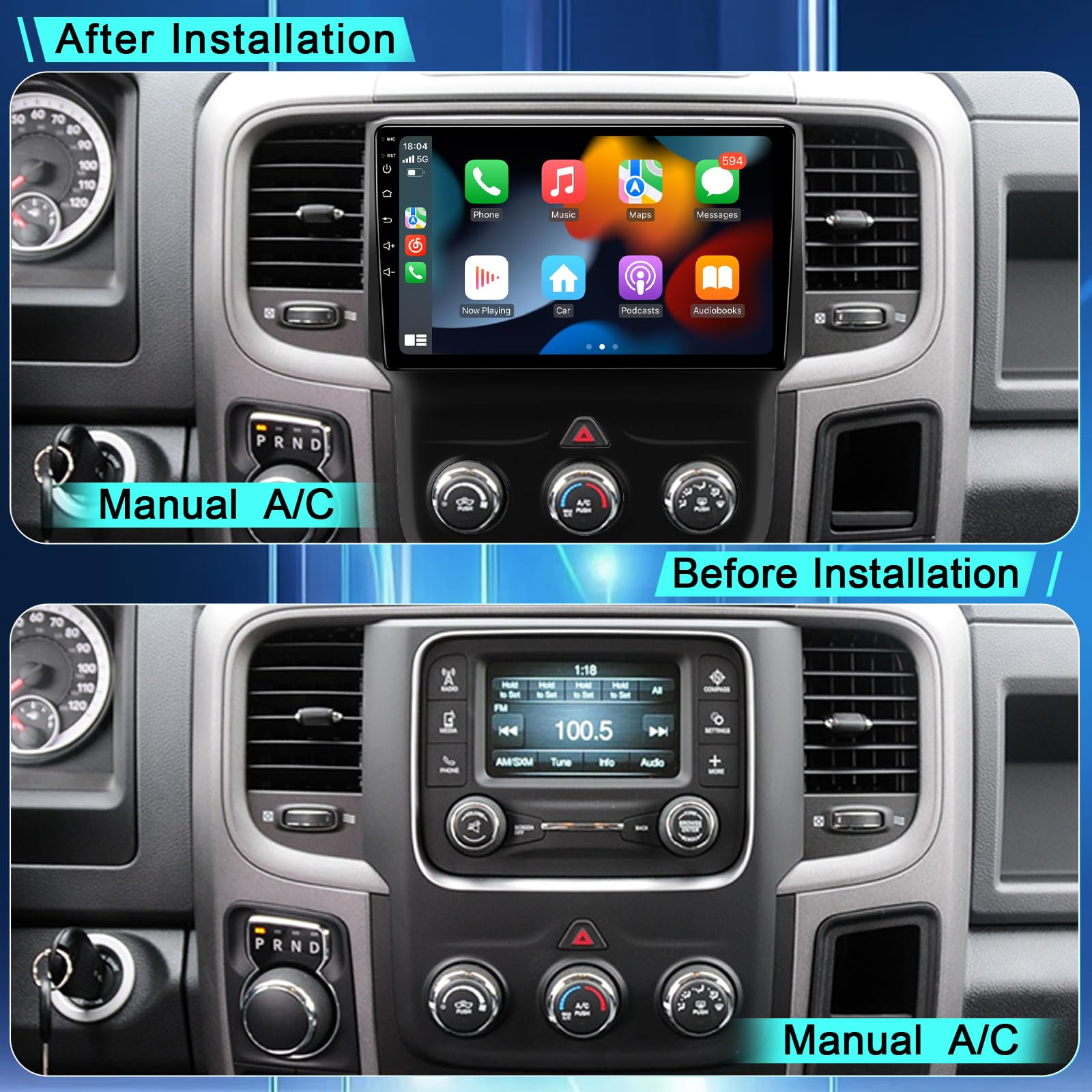 9 Inch Touch Screen Android Car Stereo for Dodge RAM 2013 2014 2015 2016 2017 2018 with Wireless CarPlay & Android Auto 8Core 4G+64GB,Radio,GPS,WiFi,Bluetooth,SWC (2013-2018 Year Manual A/C Only)