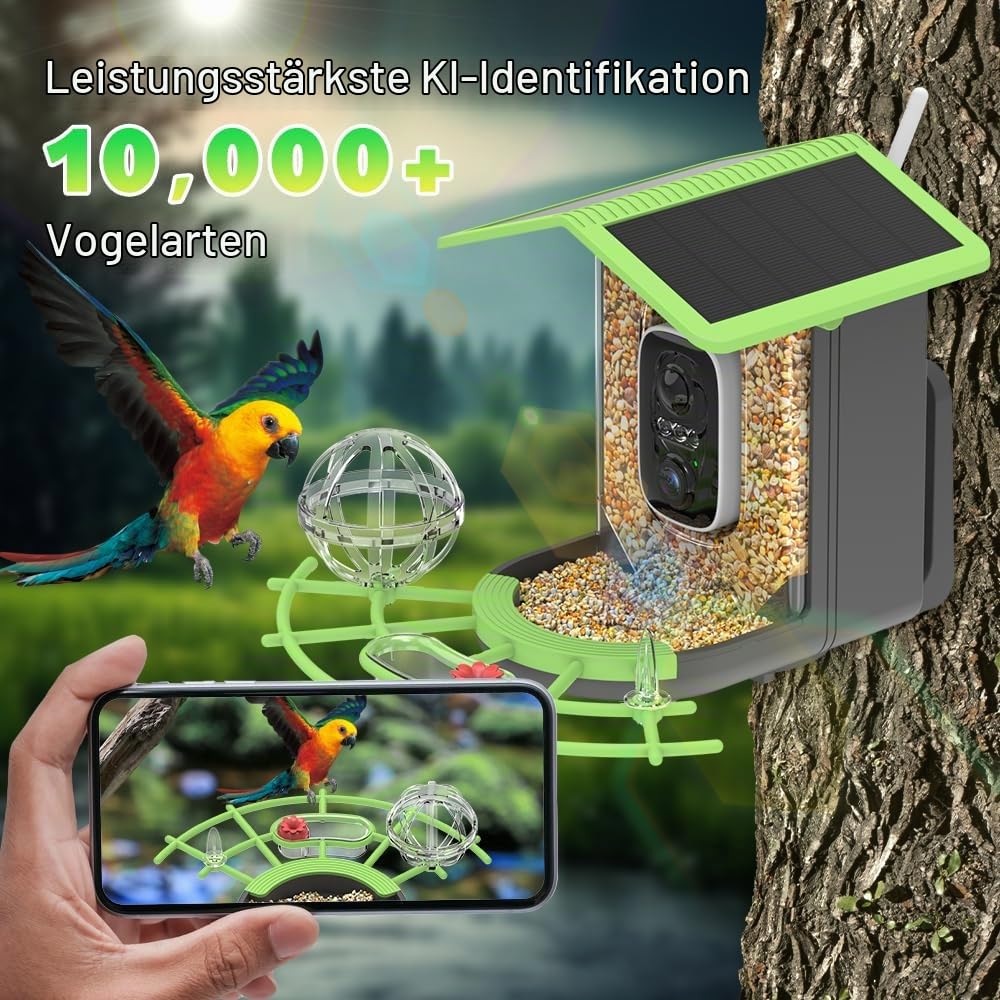 Vogelfutterhaus mit Kamera, Vogelhaus mit 4MP Kamera, Vogelfutterspender Garten, Vogelfutterstation mit Video/Fotoaufnahme, KI Identifizierung, Bewegungserkennung, Alarm, Nachtsicht, IP65 Wasserdicht