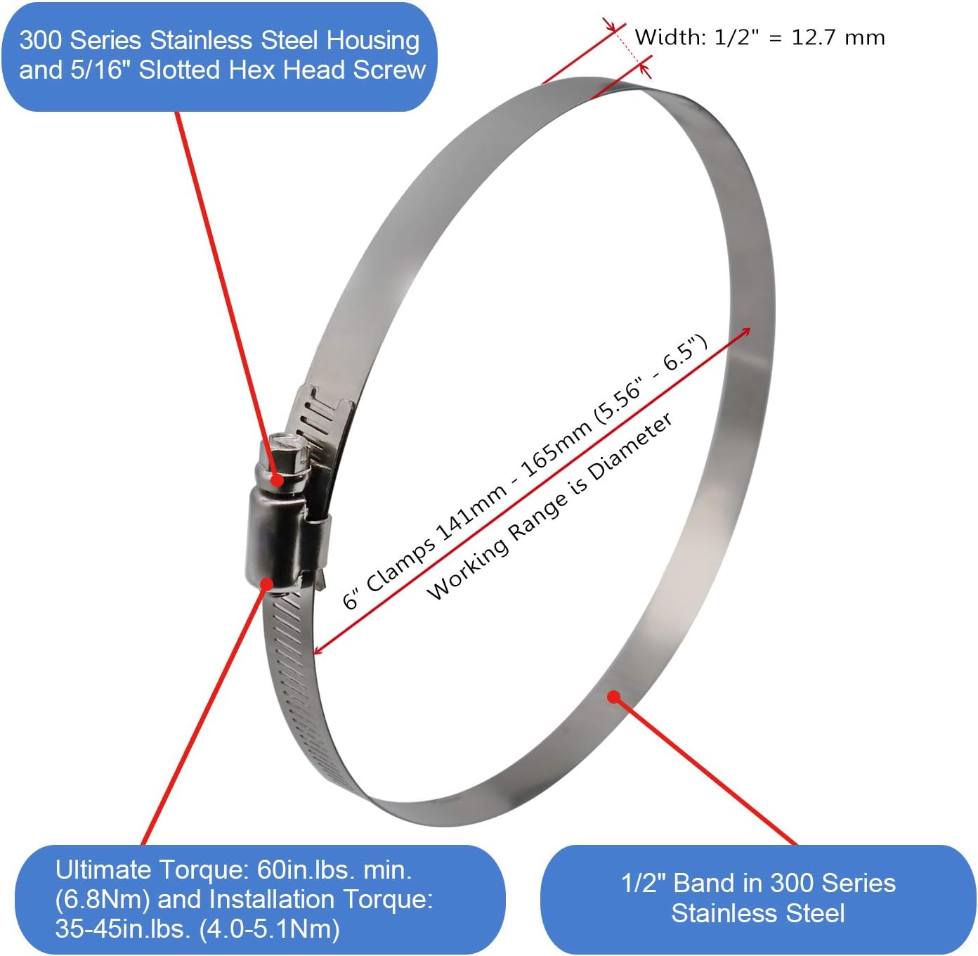 ROADFORMER 6" Worm Gear Hose Clamp - SAE 96 Size, Full Stainless Steel with 1/2" Band Width, Working Range 141mm - 165mm Hose Clamps, 5 Pack