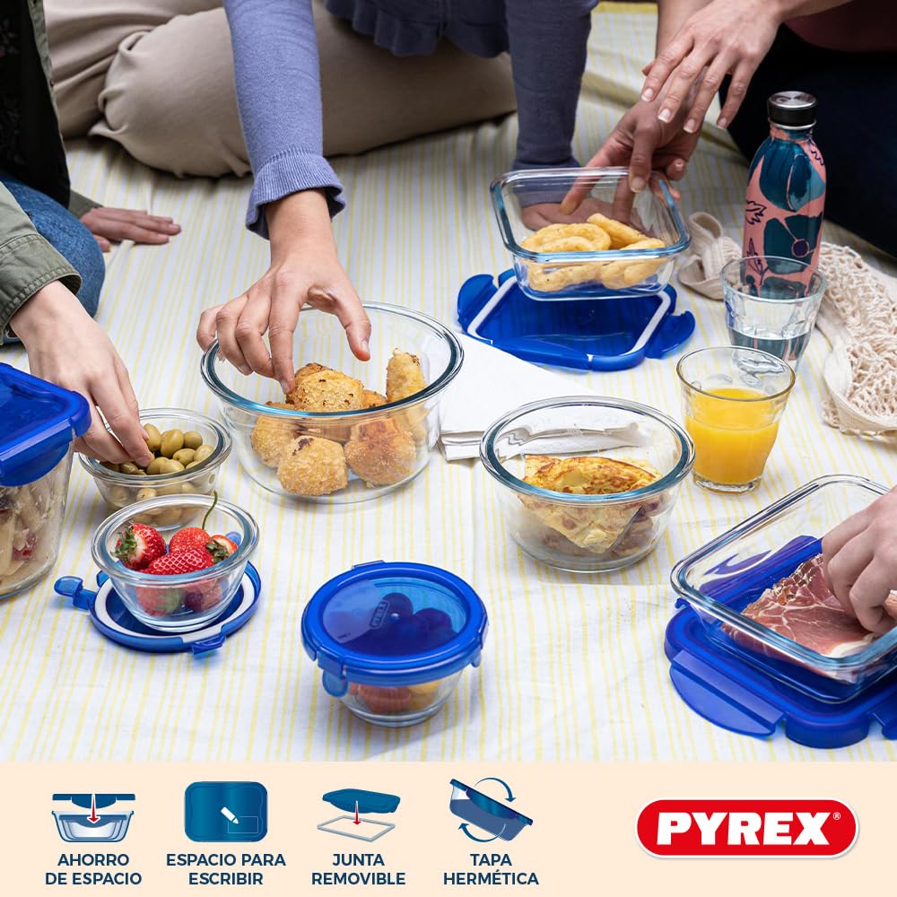 Pyrex Cook & Go Set de 7 Recipientes con Tapa 100% Hermética, Azul, 30x30x20 cm