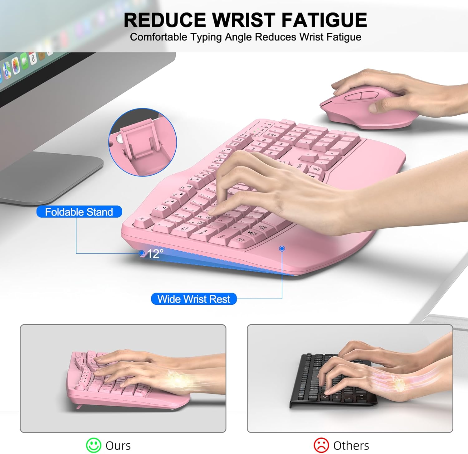 Wireless Keyboard and Mouse Combo, 2.4G Full Size Wave Keys Ergonomic Keyboard with Wrist Rest and 3-Level DPI Adjustable Wireless Ergonomic Mouse for Windows, Mac OS Desktop/Laptop/PC(Pink) - Image 3