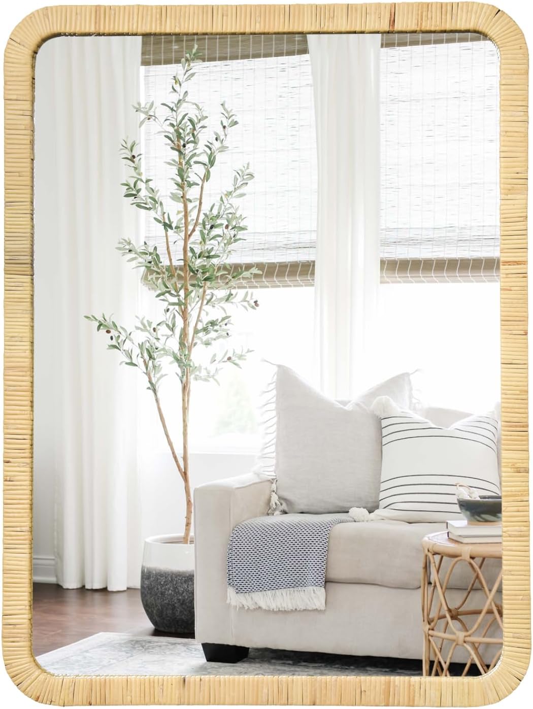 Rectangle Rattan Wall Mirror 24"x32" Rattan Mirror Wooden Framed Wall Mounted Mirror for Bathroom Farmhouse Wicker Mirror for Entryway Living Room Nursery Bedroom Fireplace Nature Nature 32"L x 24"W