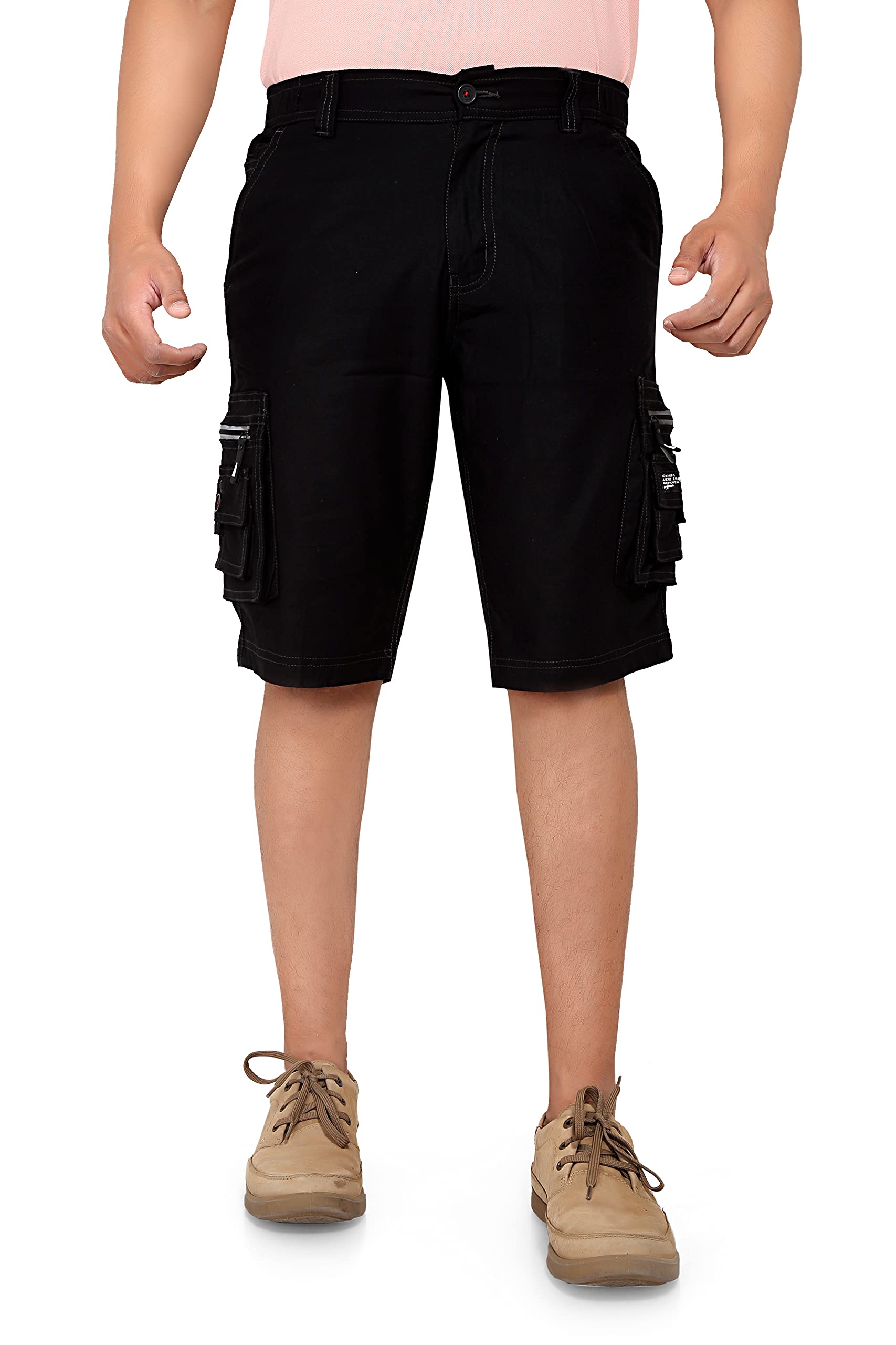 AERO CRAFTMen's Black Stretchable Cotton Cargo Shorts with Side Elastic Belt