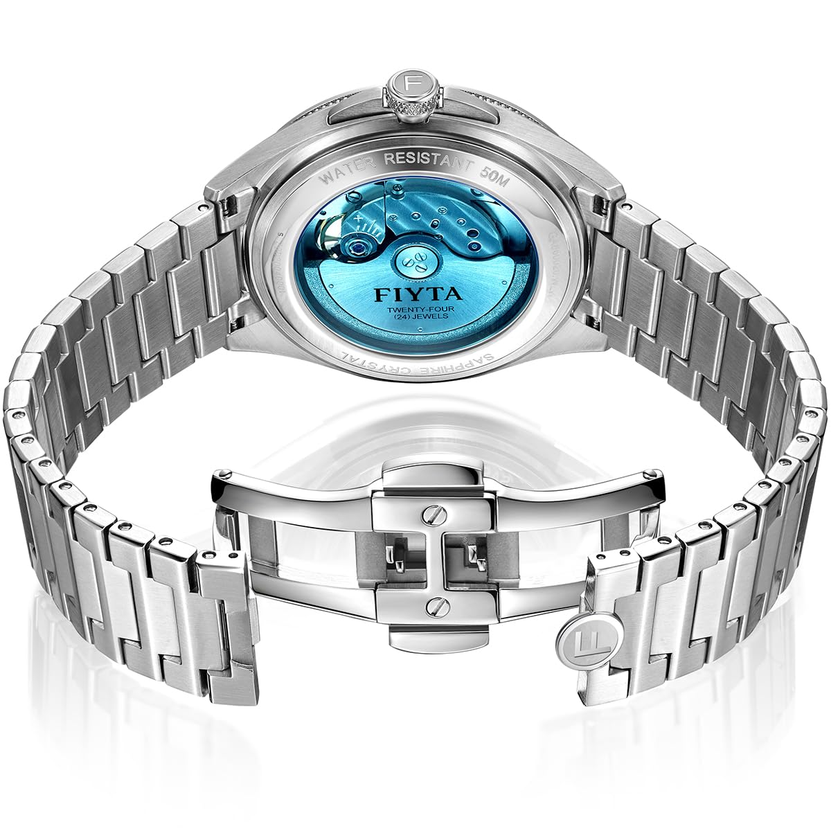 FIYTA Mechanische Automatikuhr, großes ausgehöhltes transparentes Zifferblatt, synthetischer Saphir, Herren-Armbanduhr aus Edelstahl, Blau, 42mm, Kleideruhr