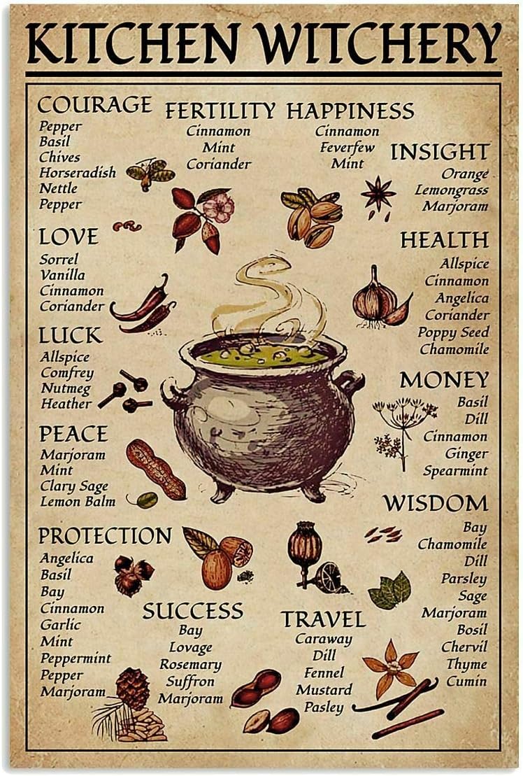 Spice and Cooking Herbs Witchcraft Witch Fun World Education Science Classroom Infographic Tin Sign Great Retro Gifts and Decorative Door Wall School Farm Hospital Metal Sign 8x12