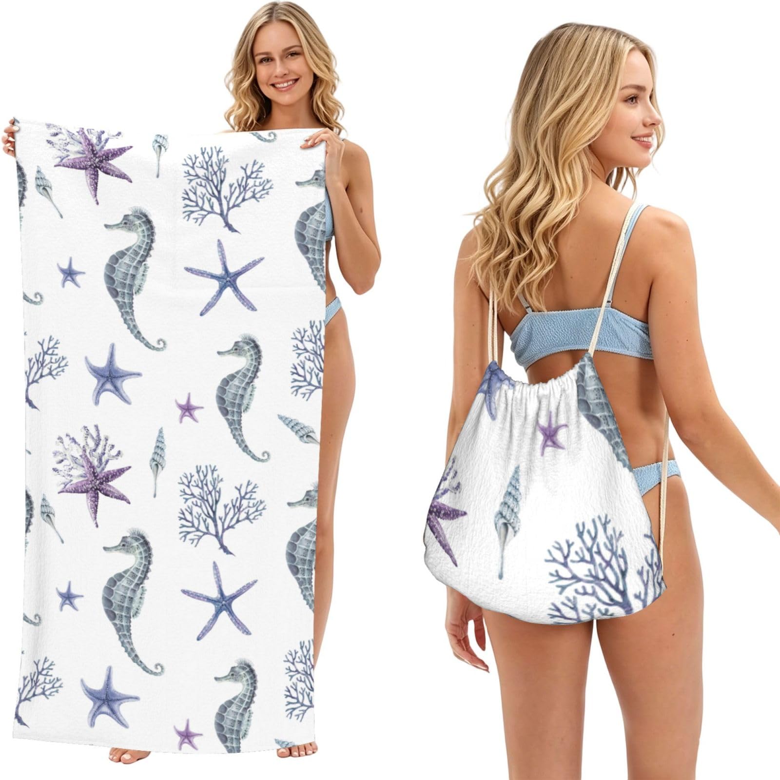 Poadnly As Picture Seahorse Coral Starfish Sea Summer, 2 In 1 Packable Towel Bag, Beach Towels With Drawstring Backpack For Travel Holiday Camping