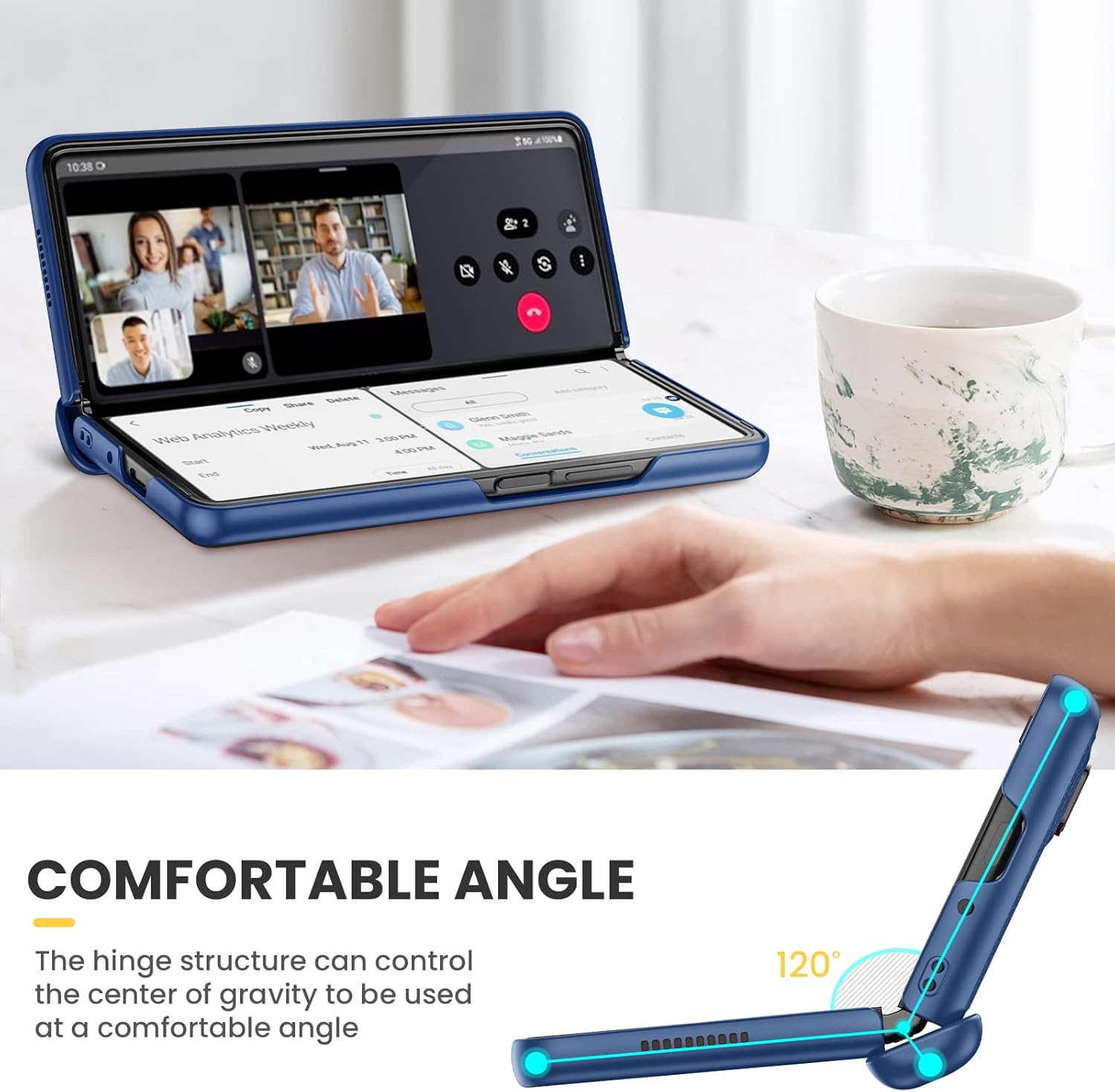 Ruky Case for Samsung Galaxy Z Fold 4 with Kickstand, Hinge Protection Cases Full Body with Built-in Screen Protector PU Leather Protective Phone Stand Case for Samsung Galaxy Z Fold 4 5G, Blue