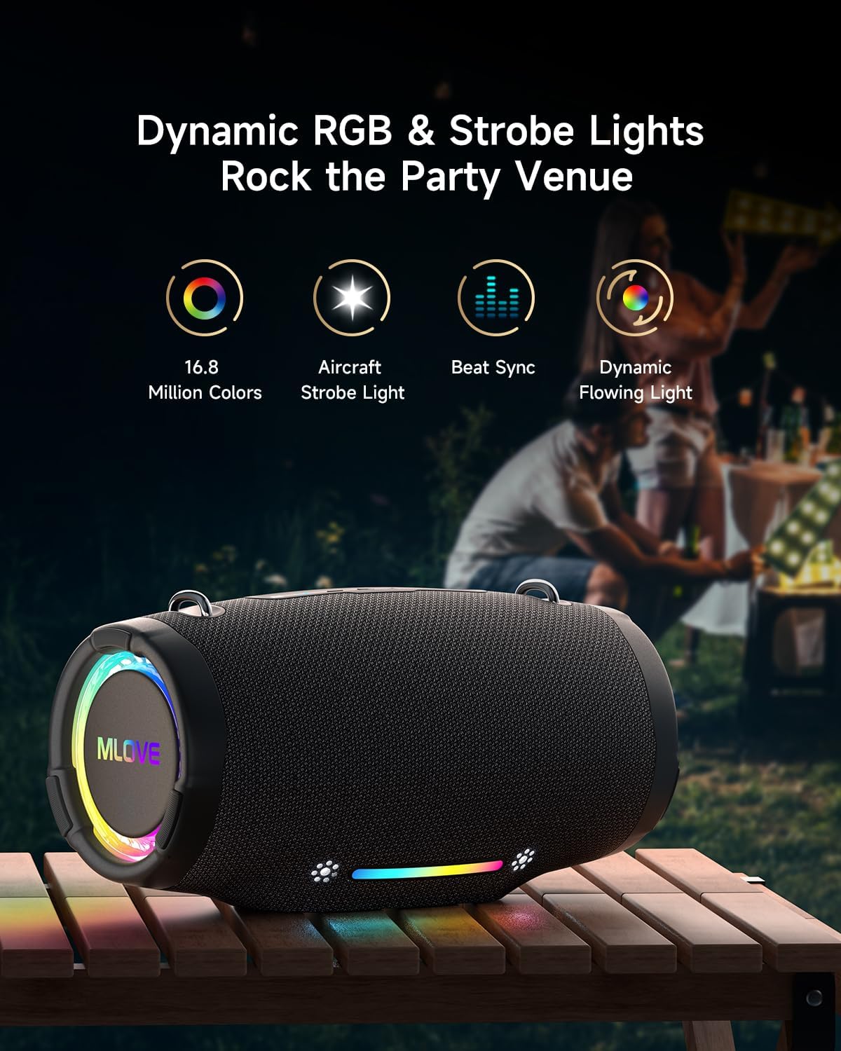 MLOVE E90 speaker with dynamic RGB lights illuminating an outdoor party scene, showcasing 16.8 million colors, aircraft strobe light, beat sync, and dynamic flowing light features.
