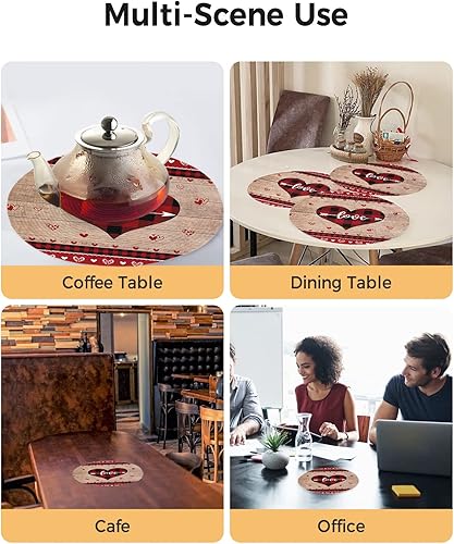 Miniatura 4 de 2 Packs Round Braided Placemats for Dining Table, Red Heart Shape Love Buffalo Plaid 15 inch Washable Kitchen Table Place Mats for Party Dining