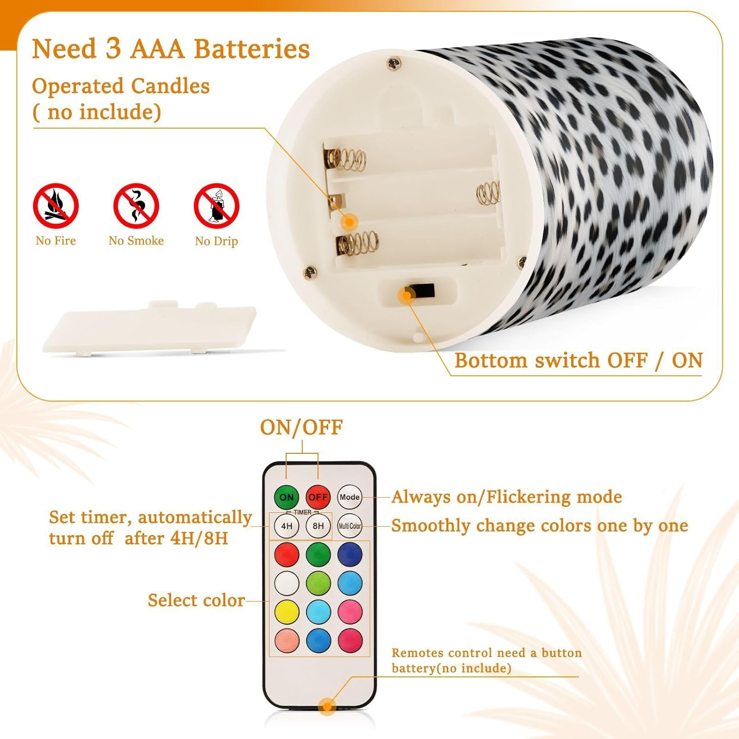 White Leopard Print Flameless Candles, Flameless Candles with Remote Set of 2, Flameless Candles Battery Operated, Pillar Candles Home Decoration, Christmas, Party, E08D23009