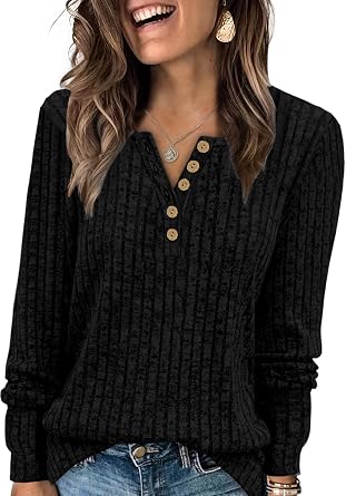 MixShe Womens Henley Sweaters 2026 Fall Winter Ribbed Knit V Neck Button Pullover Long Sleeve Tops