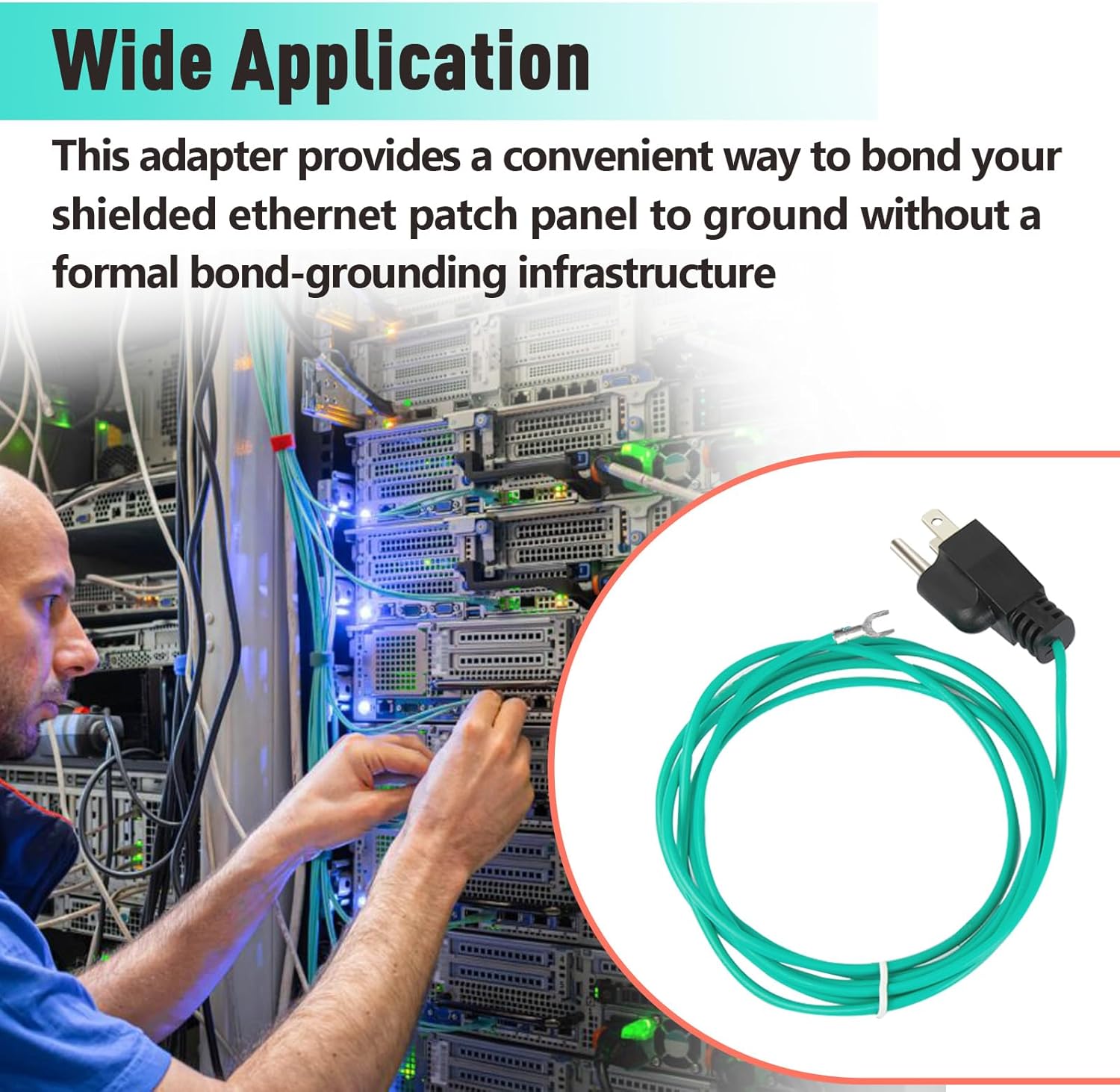 Shielded Ethernet Patch Panel Bond Ground Extension Cord, for NEMA 5-15P 3 Prong Plug, 15A/20A Socket