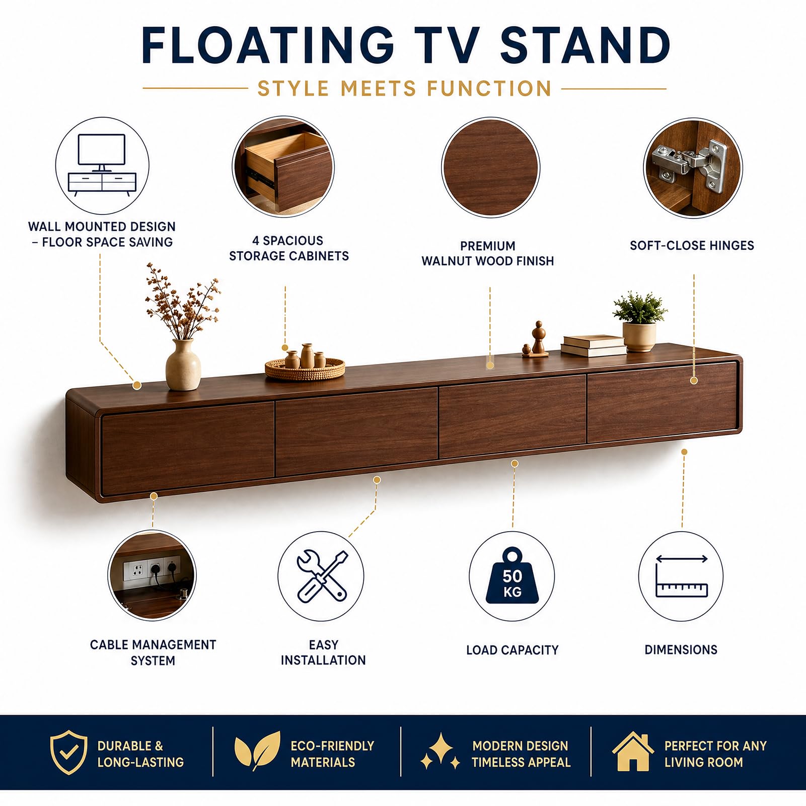 Jungle Mueble de TV de 200cm Nogal+Negro, Mueble Flotante Salón con 2 Cajones 2 Puertas, Gran Almacenamiento para Salón, Comedor, Dormitorio y Oficina