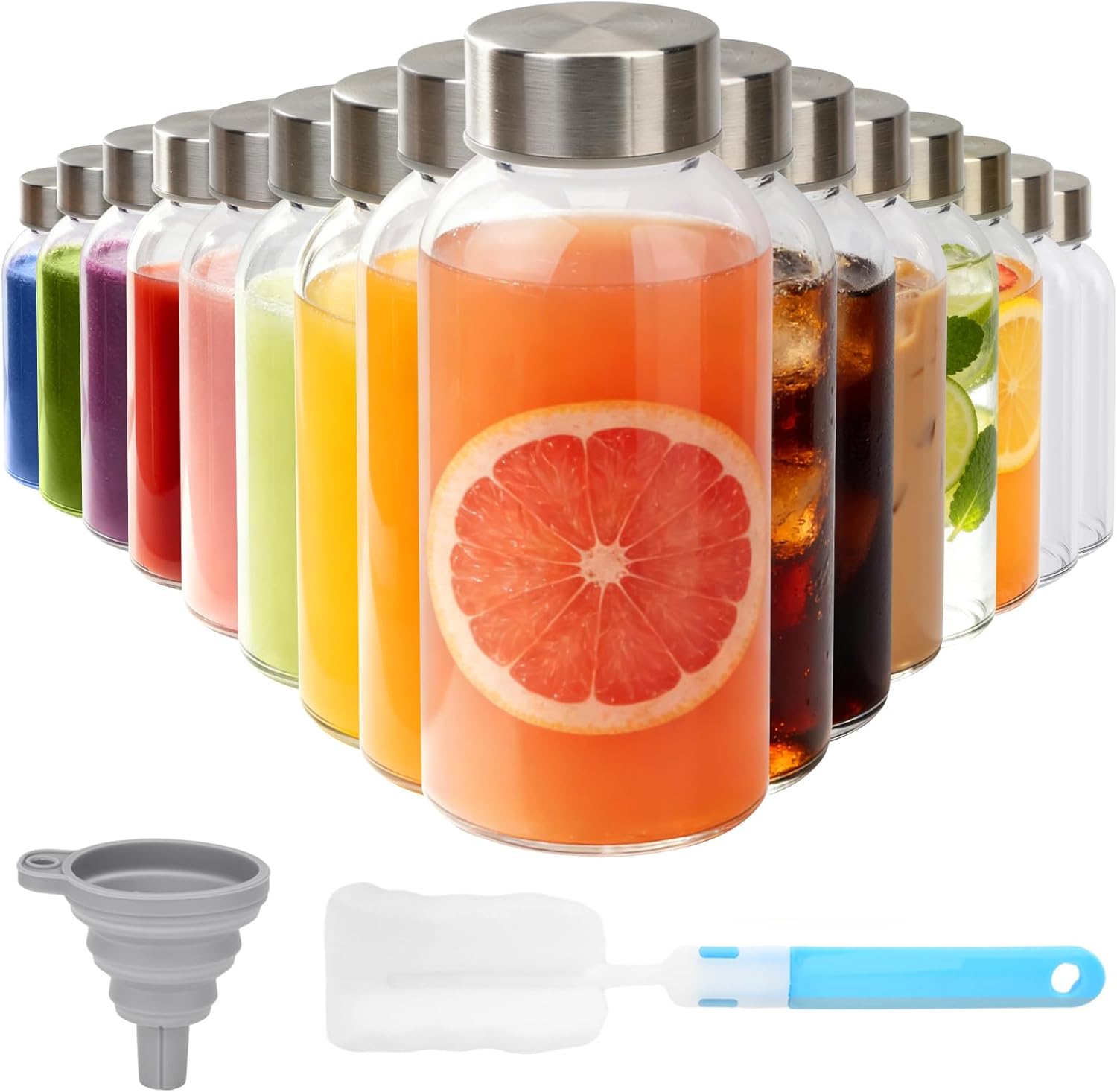 Sursip 8 oz Glass Bottles with Stainless Steel Lids (Set of 16) - Reusable Small Clear Jars for Juicing, Wellness Shots & Fridge Organization - Leakproof, Dishwasher Safe & BPA Free