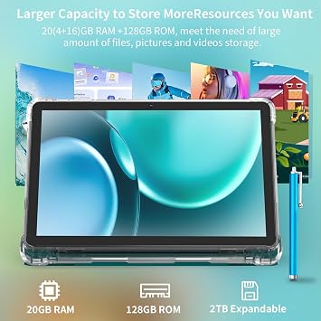 Android 16 Tablet 10 inch Tablets, 20GB RAM 128GB ROM 2TB Expand, 2.0Ghz CPU Octa-Core Processor Tablet PC with Case and Stylus, 5G WiFi6, BT5.0, 6000mAh Battery, Dual Camera, Widevine L1, GMS, Navy