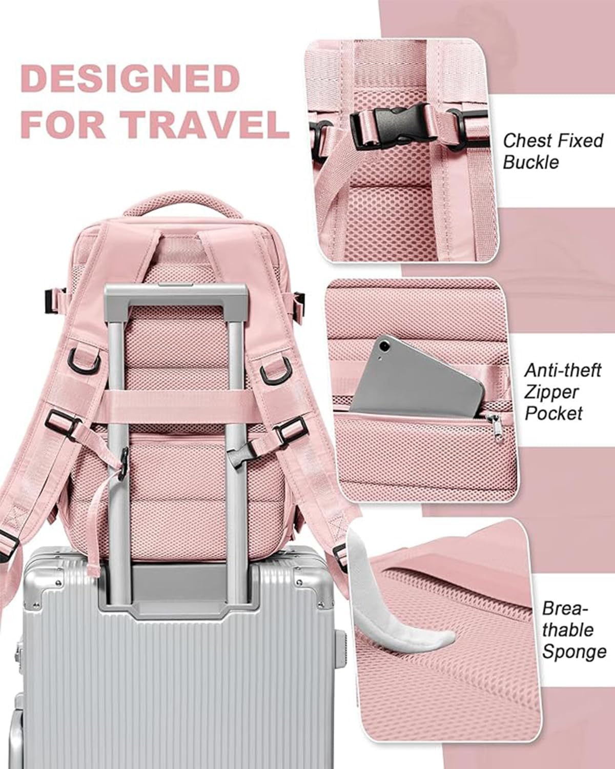 Farmer&Donkey Travel Backpack for Women Men, Waterproof Airlines Approved Carry On Backpack 15.6 Inch Laptop Backpack with USB Charging Port for Computer Bookbag for Business, School, Work (Pink)
