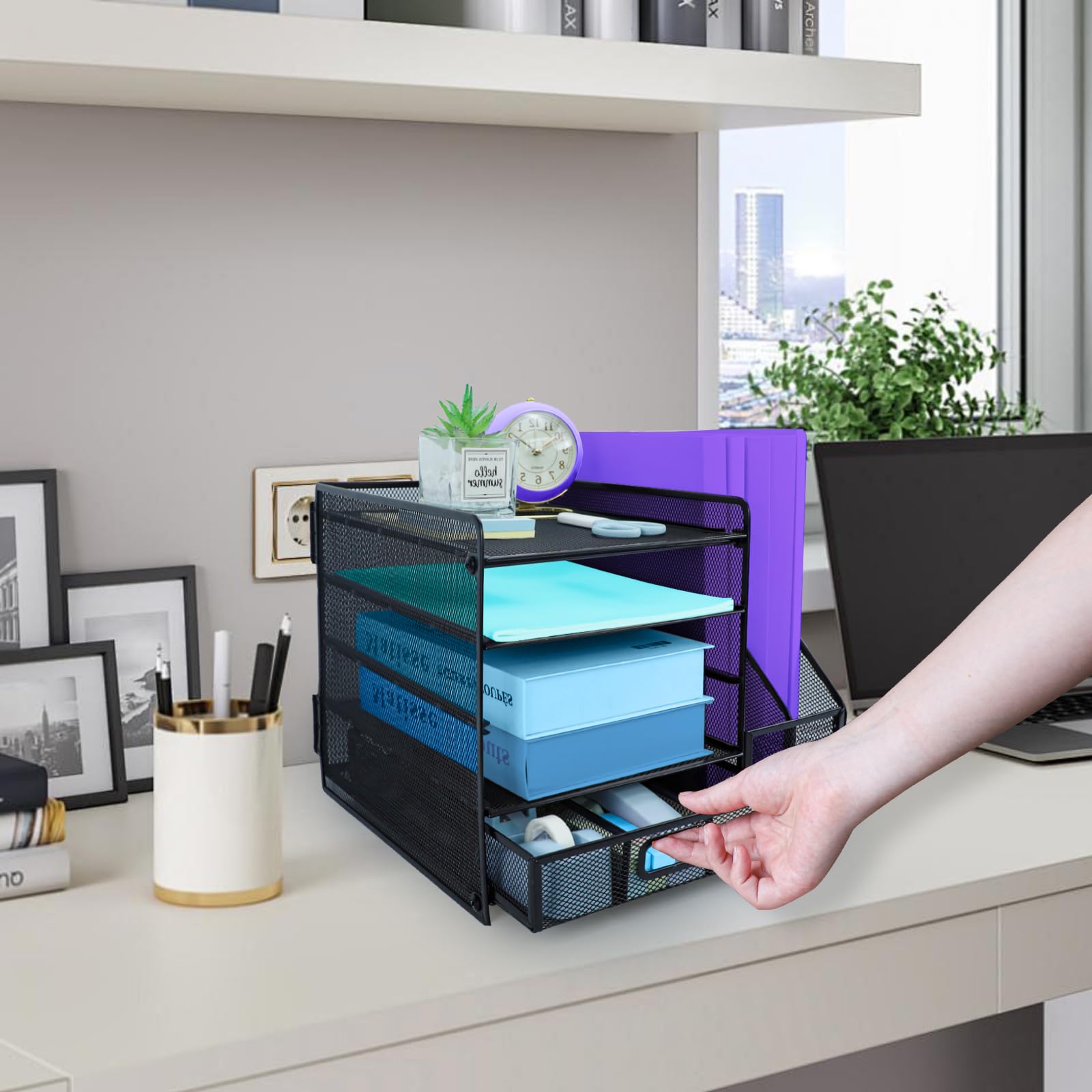 Organisateur de bureau noir avec porte-documents, porte-stylos et bac à lettres 5 niveaux