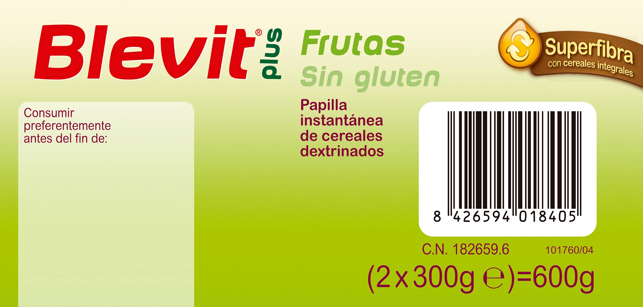 Blevit Plus Superfibra Frutas - Papilla de Cereales para Bebé Con Arroz Integral y Pulpa de Frutas Frescas - Sin Gluten y Sin Azúcares Añadidos - Desde los 4 meses - 600g