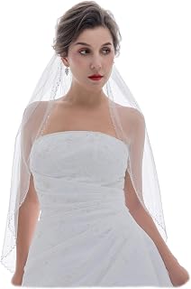 1T 1 Tier Wavy Pearl Beaded Edge Bridal Wedding Veil with Comb Elbow Fingertip Length for Bride