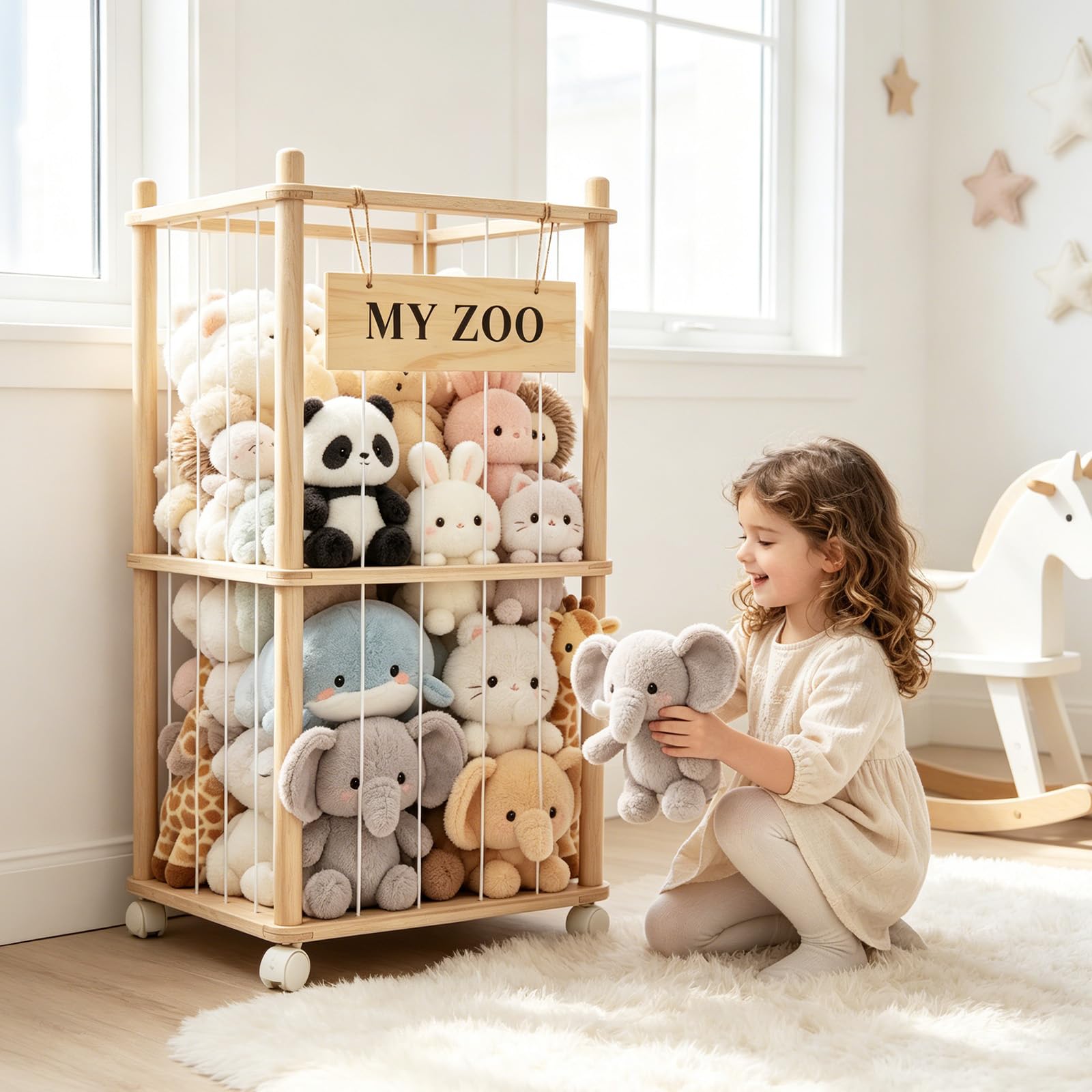 Dtabiler - Organizador de animales de peluche de madera maciza, 95 x 40 x 40 cm, 2 niveles, diseño abierto, para habitación infantil y sala de juegos, de madera de pino