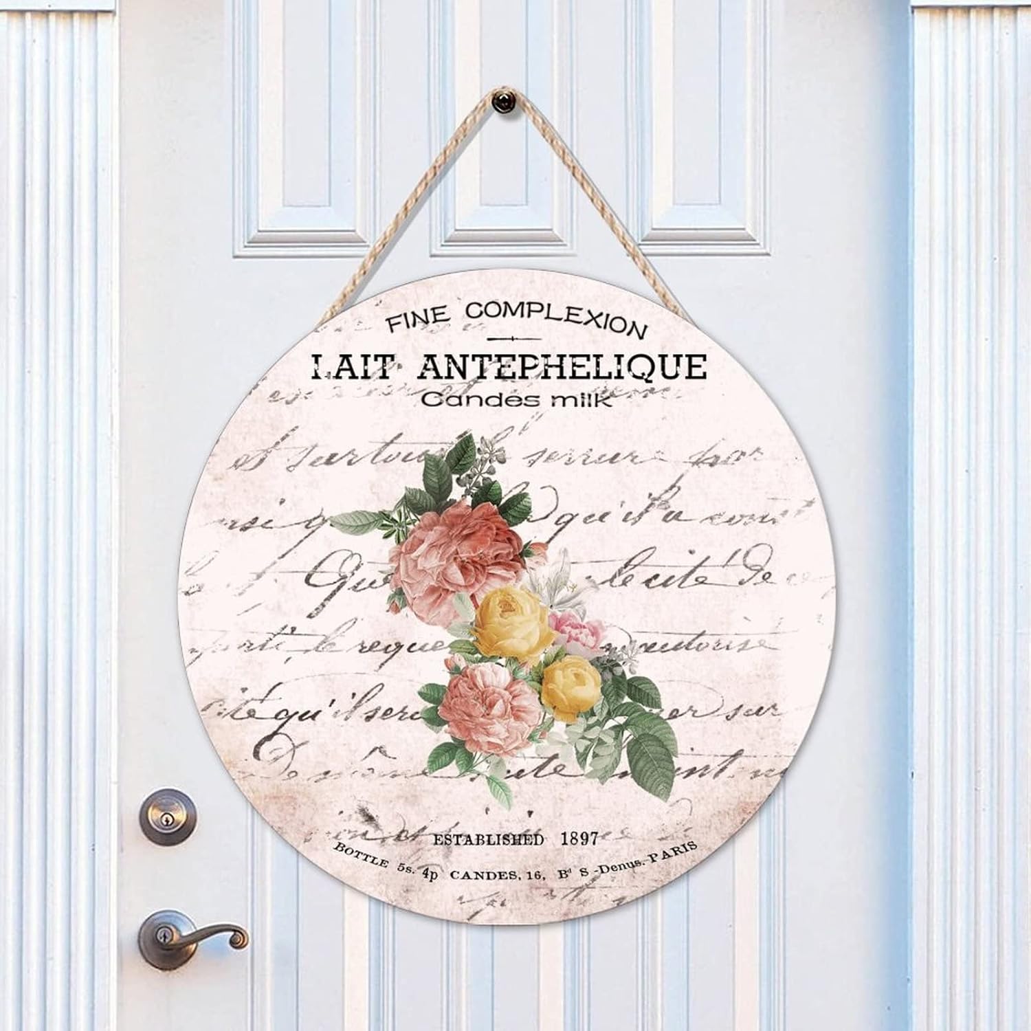French Vintage Flower Front Door Round Wood Sign, Vintage Wood Door Sign, 16x16in Flower Wall Hanging Sign Plaque for Front Door Farmhouse Porch Housewarming Gifts
