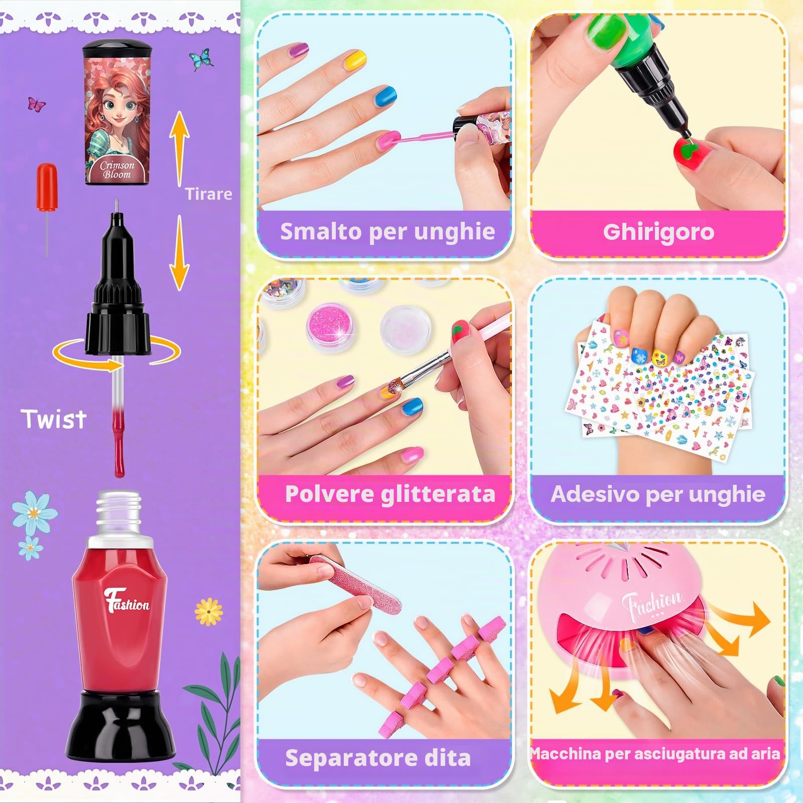Regalo Bambina 6 7 8 9 10 Anni: Smalto Unghie Bambini, Smalti Non Tossico Staccabile Kit Unghie con Penna Asciuga Smalto, Regali di Compleanno per Ragazze, Salone Bellezza Giochi 5-12 Anni Femmina