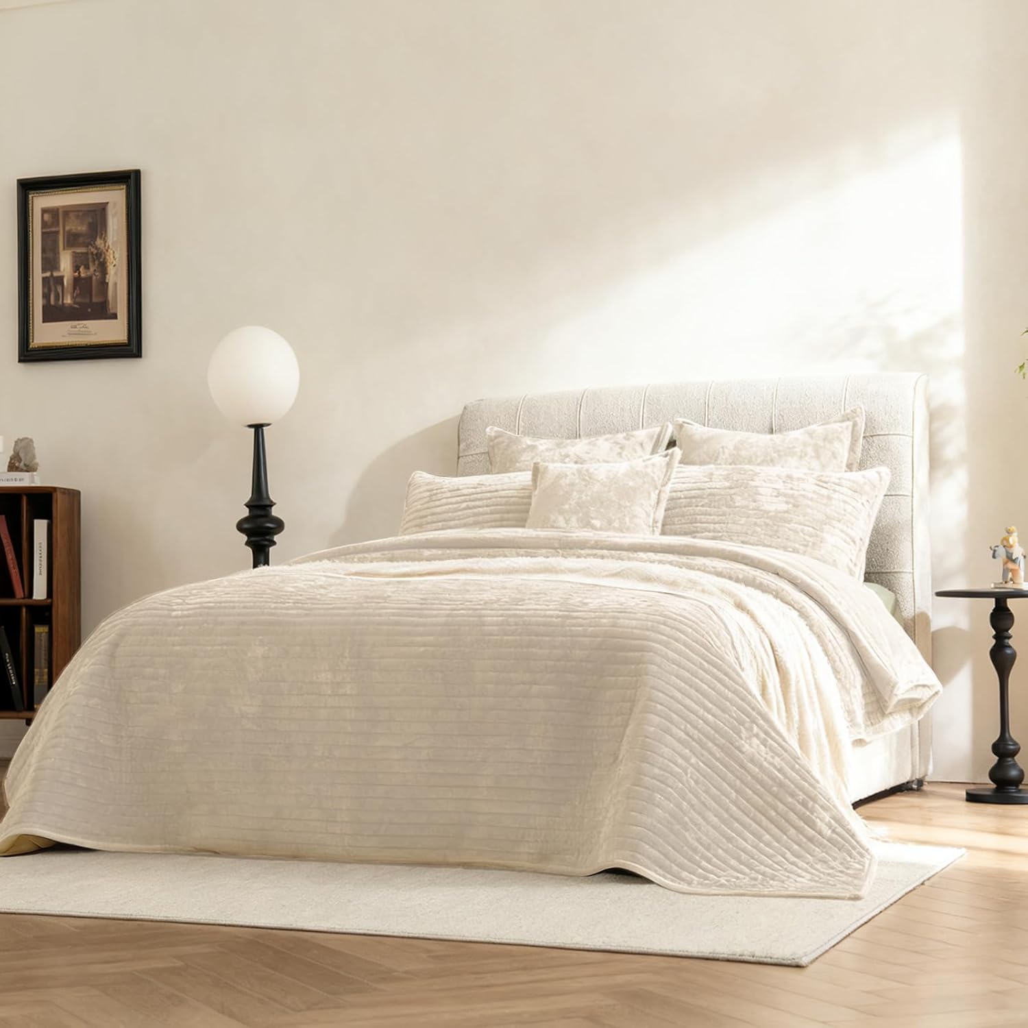 Velvet Oversized King Size Quilt Set 3 Pieces Striped Bedspread All-Season Bedding Set Soft Comfort Coverlet 120x120 with 2 Pillowcases 20x36,Beige