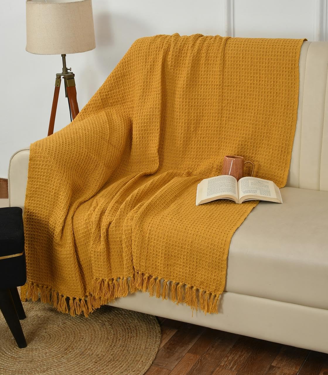 TIB Cotton Throw Blanket,125x150 cm, Throws for Sofa and Couch 3 Seater 120 TC with Fringes, (Mustard)| TC - 120