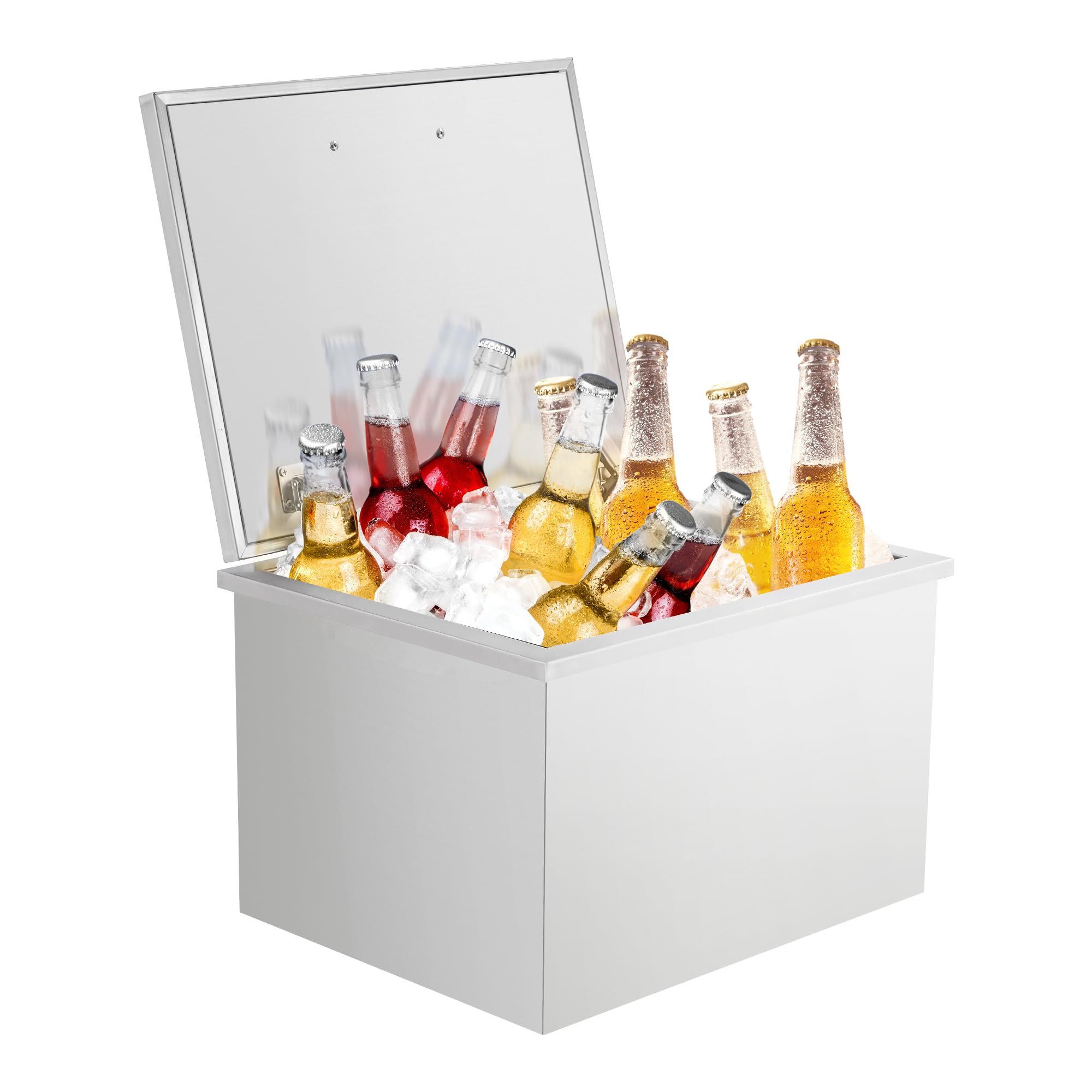 Drop-in-Eisbox Edelstahl 26L mit Deckel Großraum Isoliert Leise Schiebedeckel, Eisbehälter mit Abflussrohr, Ablaufstopsel Passend, ohne Strom Kühlbox für Getränke, Wein & Bier