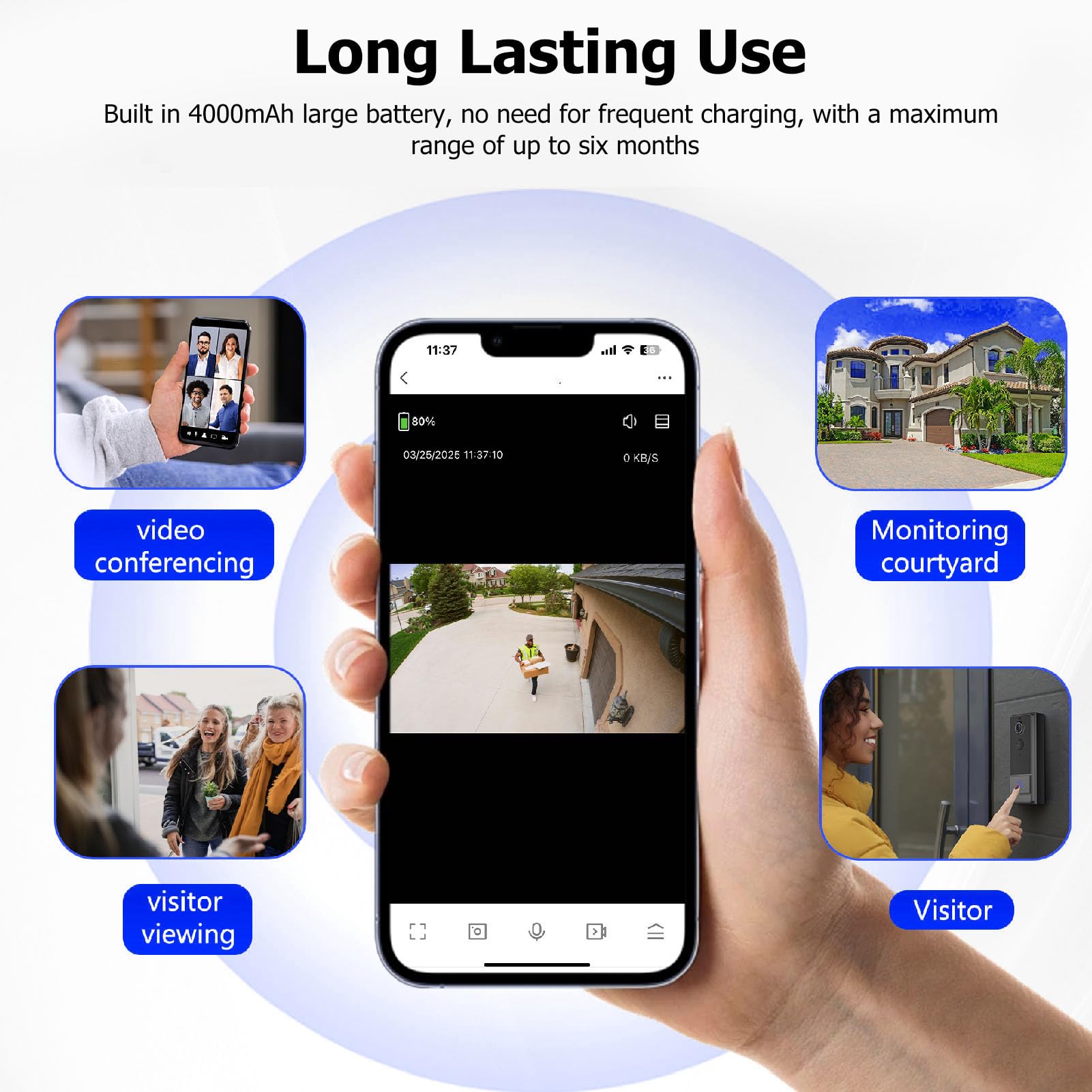 Cuifati Timbre con Video, 2.4G WiFi App Monitoreo Remoto Conversación Bidireccional Lente Gran Angular de 120 Grados con Detección Humana PIR y Prueba de Agua IP67, para Teléfonos