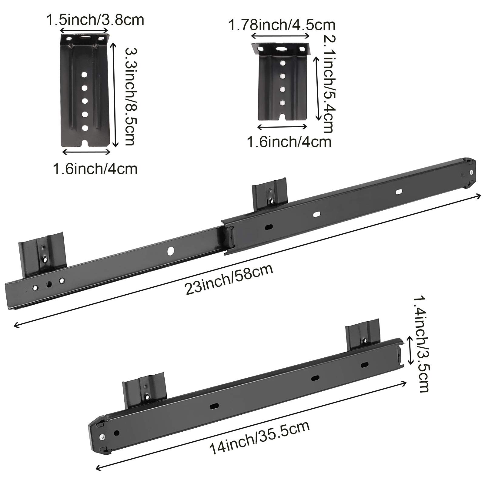 ZOENHOU 3 Pairs 14 Inch Black Keyboard Tray Slides, 22 LB Heavy Duty Ball Bearing Slides Hardware, Computer Tray Keyboard Slider Under Desk Rails Rack with 24 Adjustable Height Bracket and 48 Screws