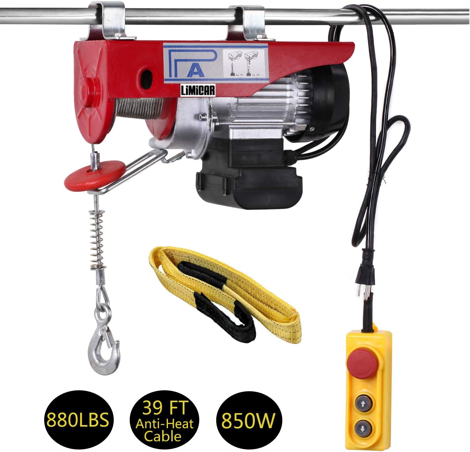 LIMICAR Electric Hoist 880LBS Overhead Lift Electric Hoist Crane Garage Ceiling Pulley Winch Remote Control Power System with Premium Straps 6.6'x3" Lift Sling