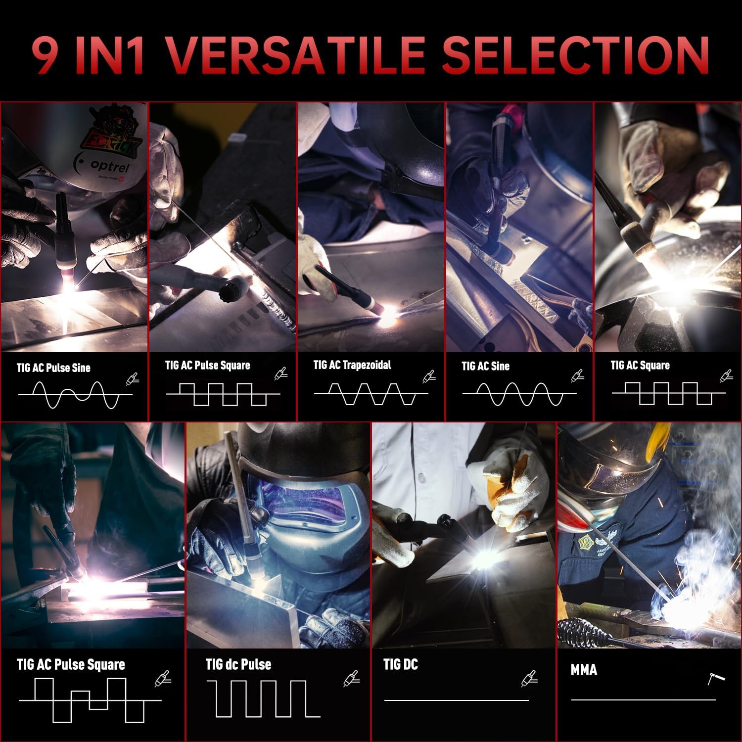 Grid showing 9 different versatile welding selections available on the ANDELI TIG-250Pro ACDC, including various TIG AC Pulse, TIG AC, TIG DC, and MMA modes.