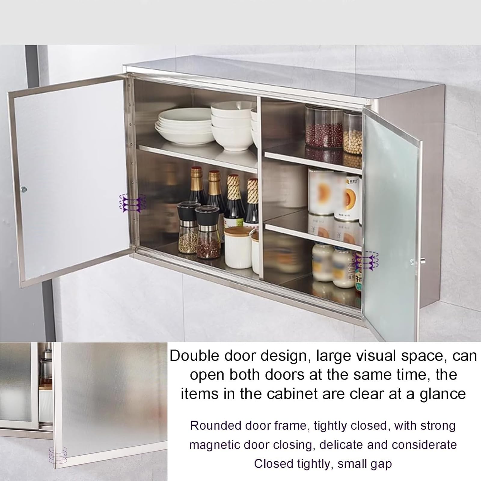 Armoire de rangement murale en acier inoxydable avec double porte et étagères amovibles – Étagère polyvalente pour cuisine, salle de bain, restaurant ou balcon