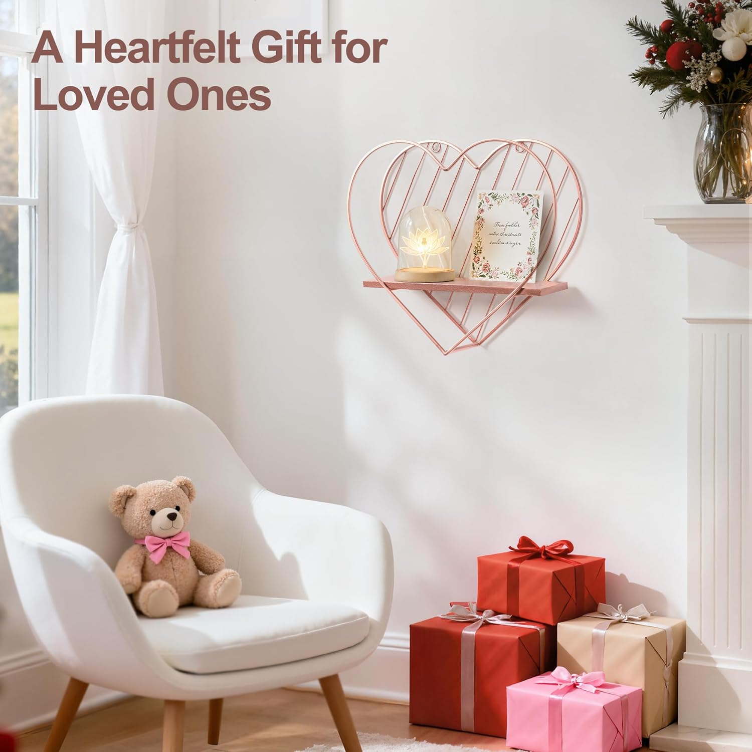 Afuly Floating Shelves for Wall, Cute Heart Wall Shelf Pink Funky Organizer Small Hanging Trinket Storage Aesthetic Room Decor for Bedroom Bathroom Hallway Entryway Vanity, Rose Gold