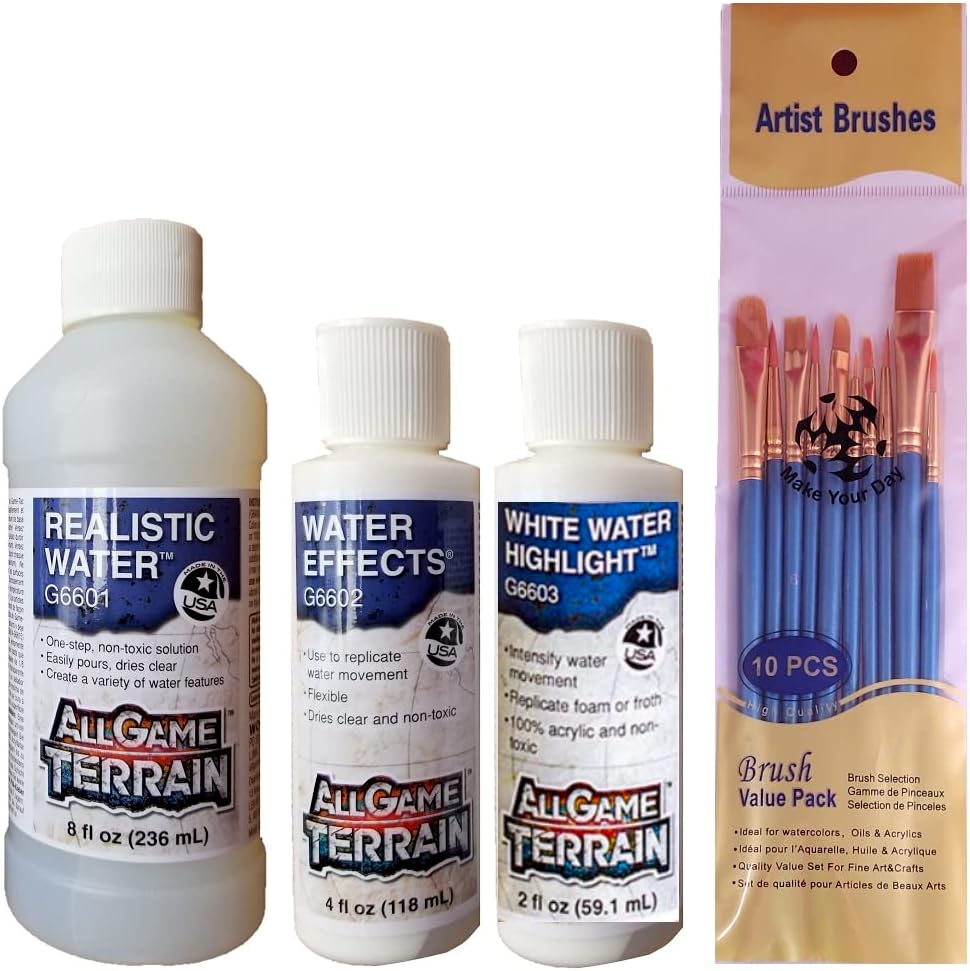 Woodland Scenics All Game Terrain, agua realista, efectos de agua y luces de agua blanca (paquete de 3) - con pinceles Make Your Day