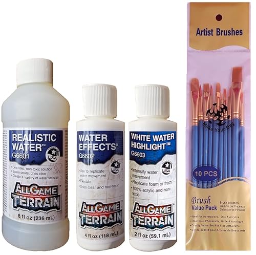 Woodland Scenics All Game Terrain, Realistic Water, Water Effects, and White Water Highlight (Pack of 3) - with Make Your Day Paintbrushes