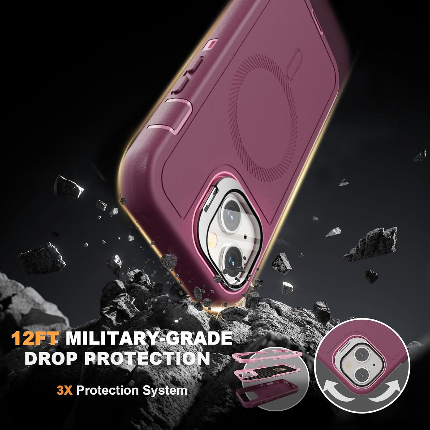 for iPhone 14 Case with Stand & Built-in Camera Cover, MagSafe Compatible, Heavy-Duty Shockproof Protection, Magnetic & Rugged Phone Cover for iPhone 14 6.1'', Purple-Pink - Image 4