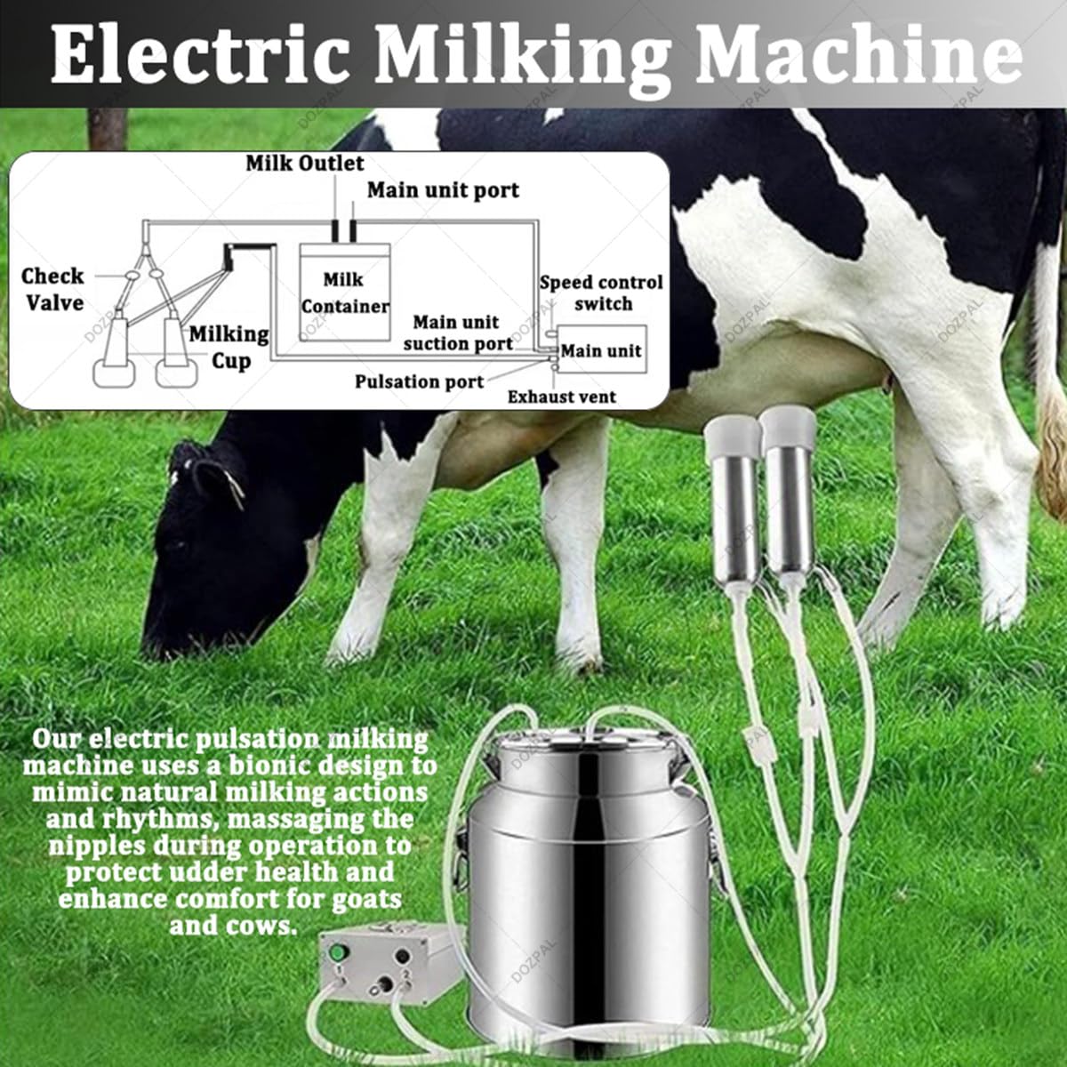 Mungitrice per Mucche e capre, mungitrice Domestica a Doppia Testa con Secchio in Acciaio Inox da 10L/14L, Funzione di Arresto Automatico, mungitrice elettrica a pulsazione Portatile Cow-10L