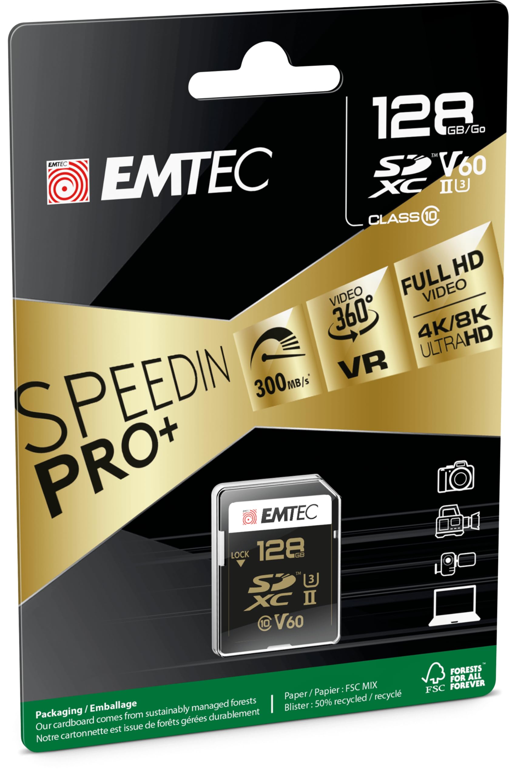 EMTEC - Scheda SDXC UHS-II U3 V60 SpeedIN Pro+ ECMSD128GUHS2V60 - Scheda di memoria - Foto in Rafale, Video Full HD, 3D, 4K, 8K UHD - Capacità di archiviazione 128 GB, 128 GB - 2 file PIN sul retro -